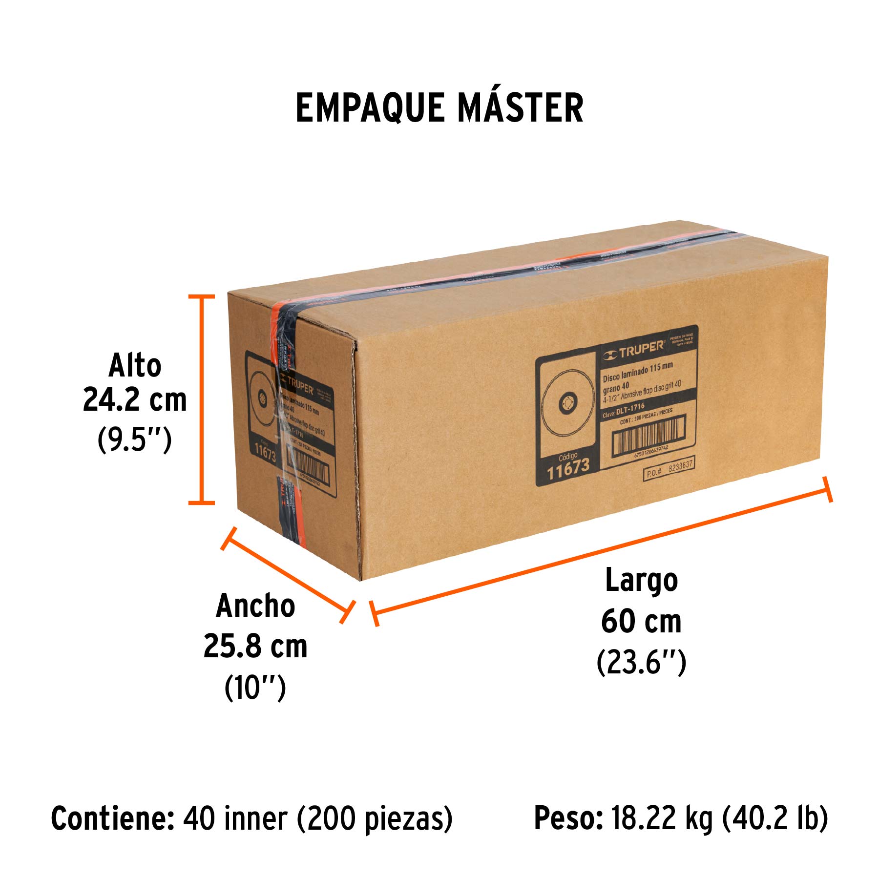 Disco laminado 4-1/2", grano 40 centro 7/8", fibra, TRUPER - Empaque