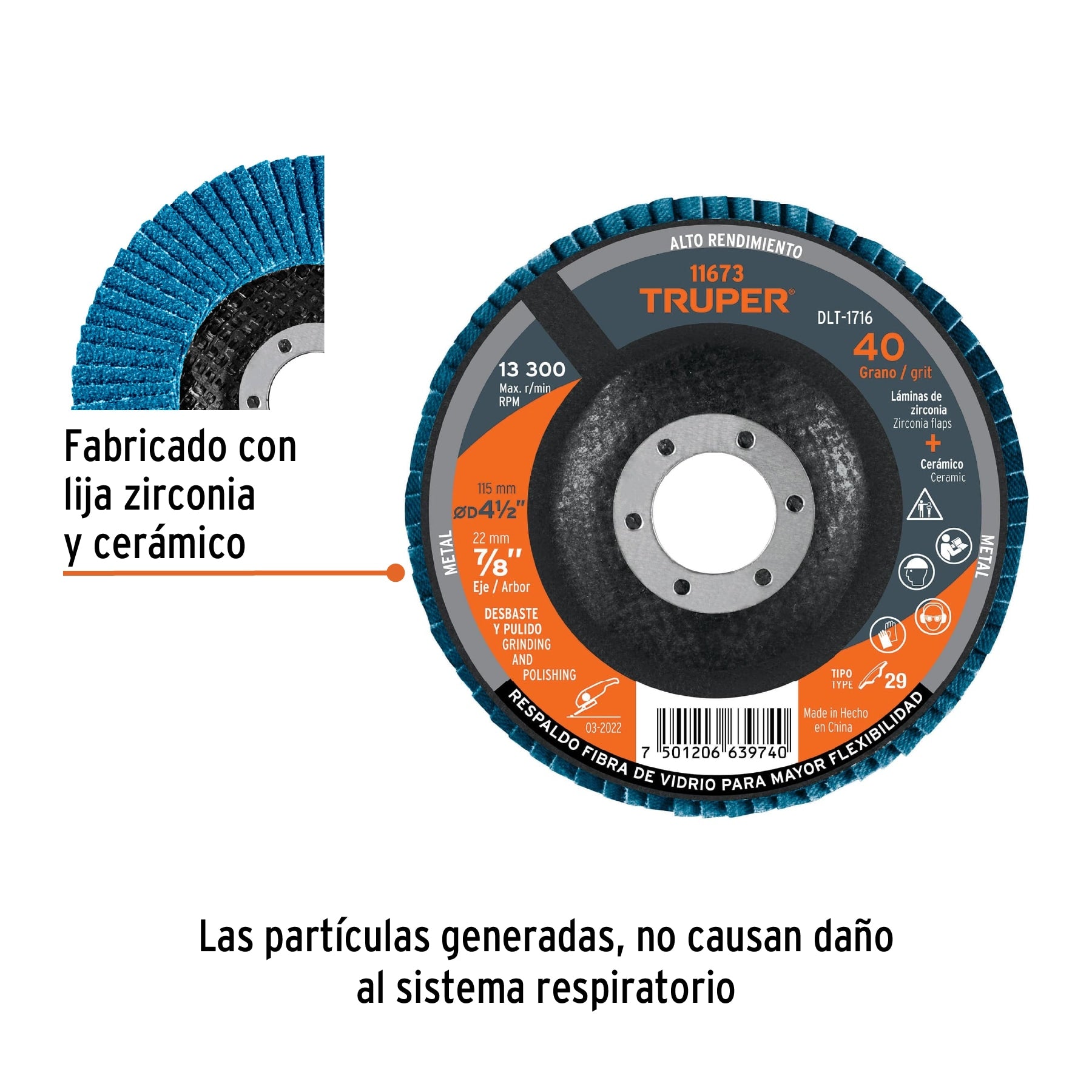 Disco laminado 4-1/2", grano 40 centro 7/8", fibra, TRUPER