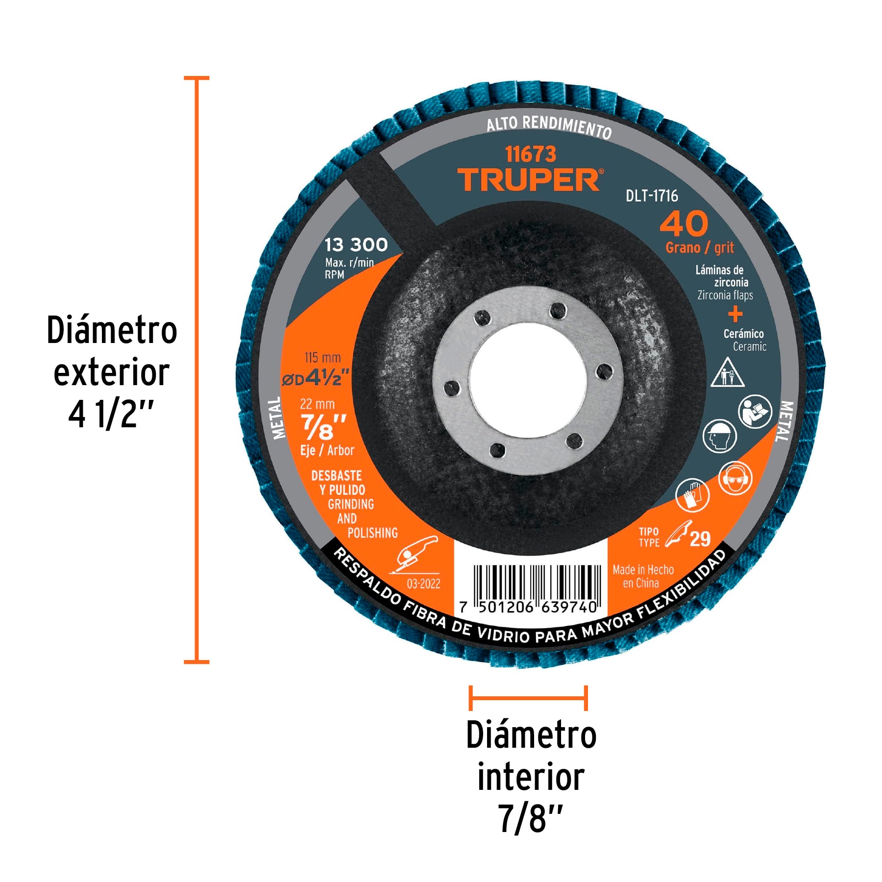 Disco laminado 4-1/2", grano 40 centro 7/8", fibra, TRUPER