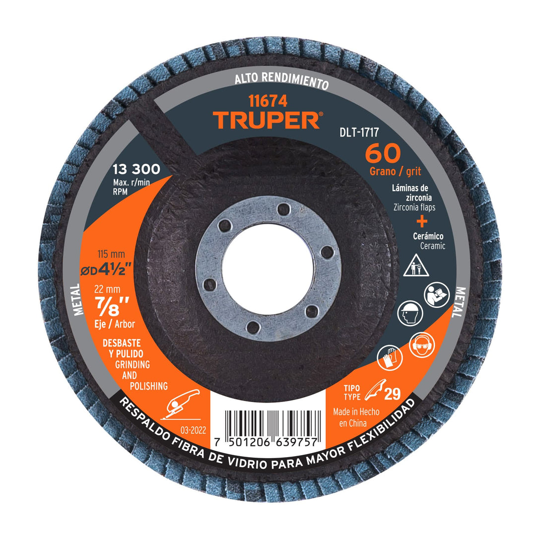 Disco laminado 4-1/2", grano 60 centro 7/8", fibra, TRUPER