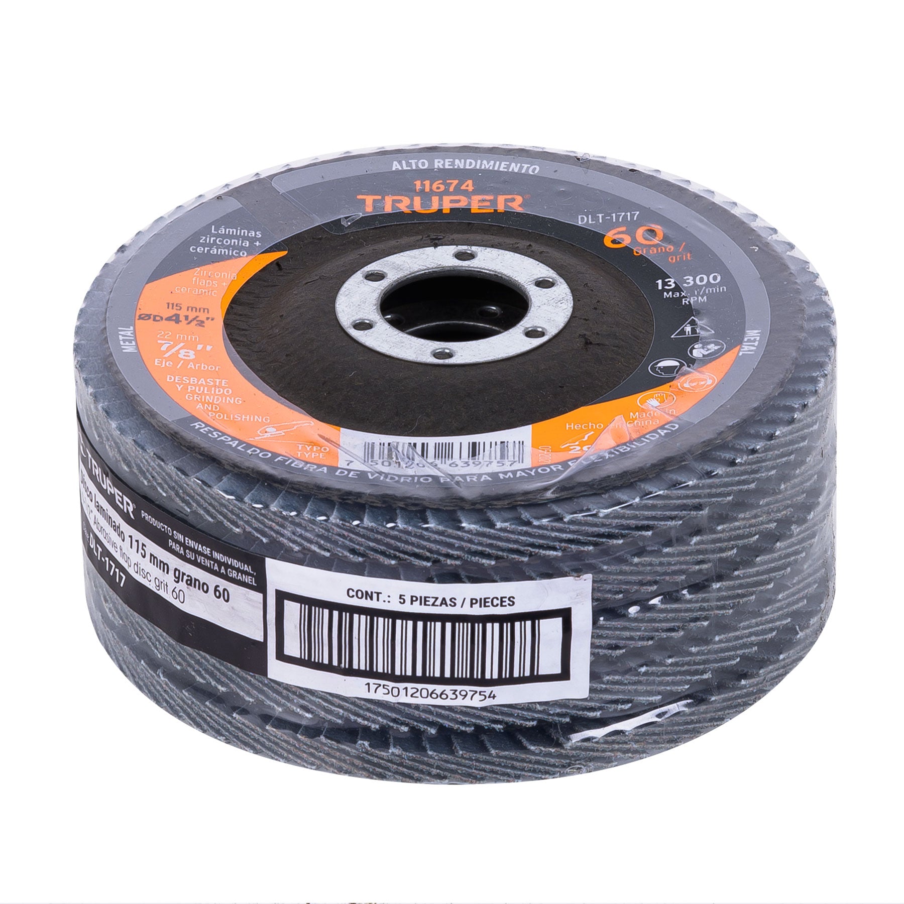 Disco laminado 4-1/2", grano 60 centro 7/8", fibra, TRUPER