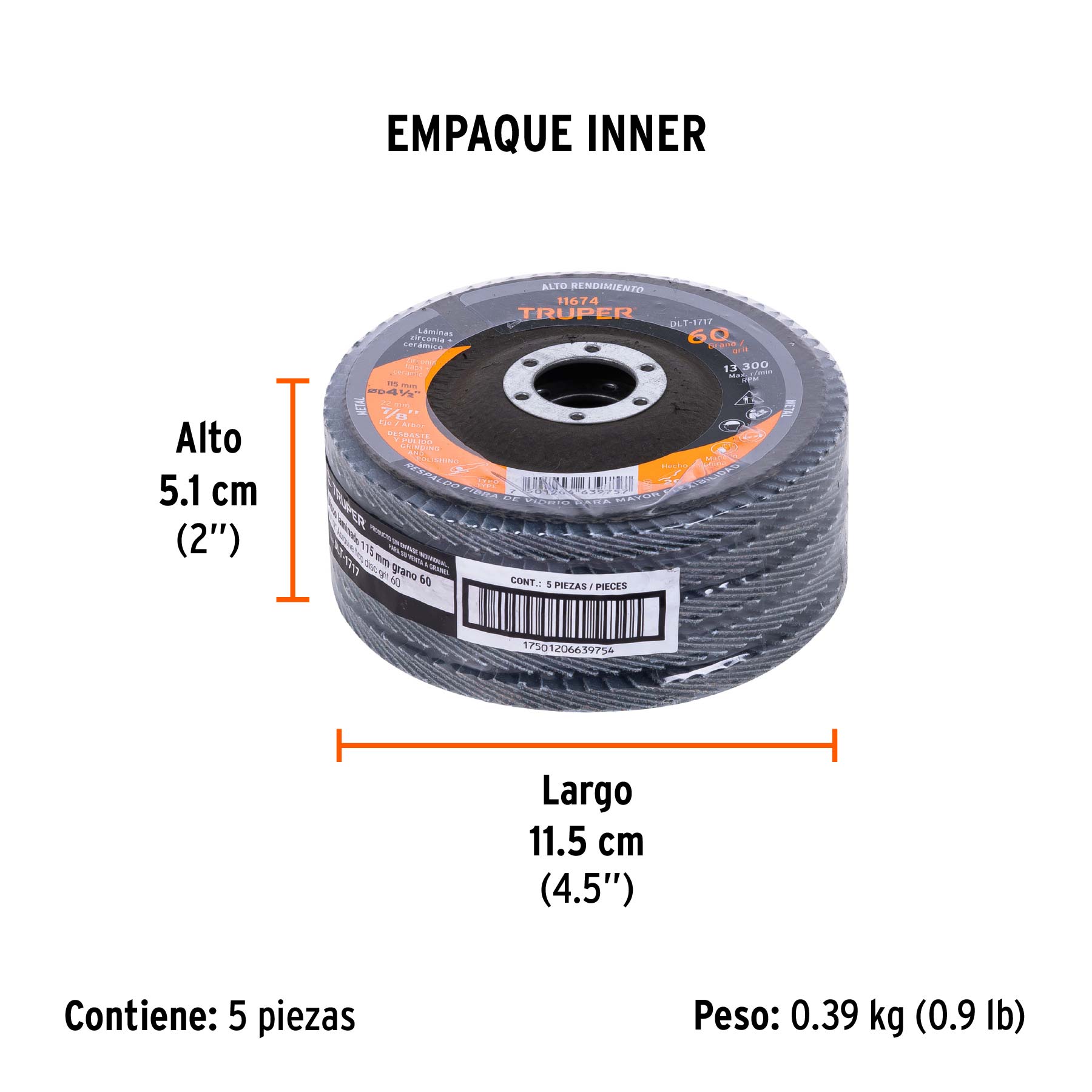 Disco laminado 4-1/2", grano 60 centro 7/8", fibra, TRUPER - Empaque