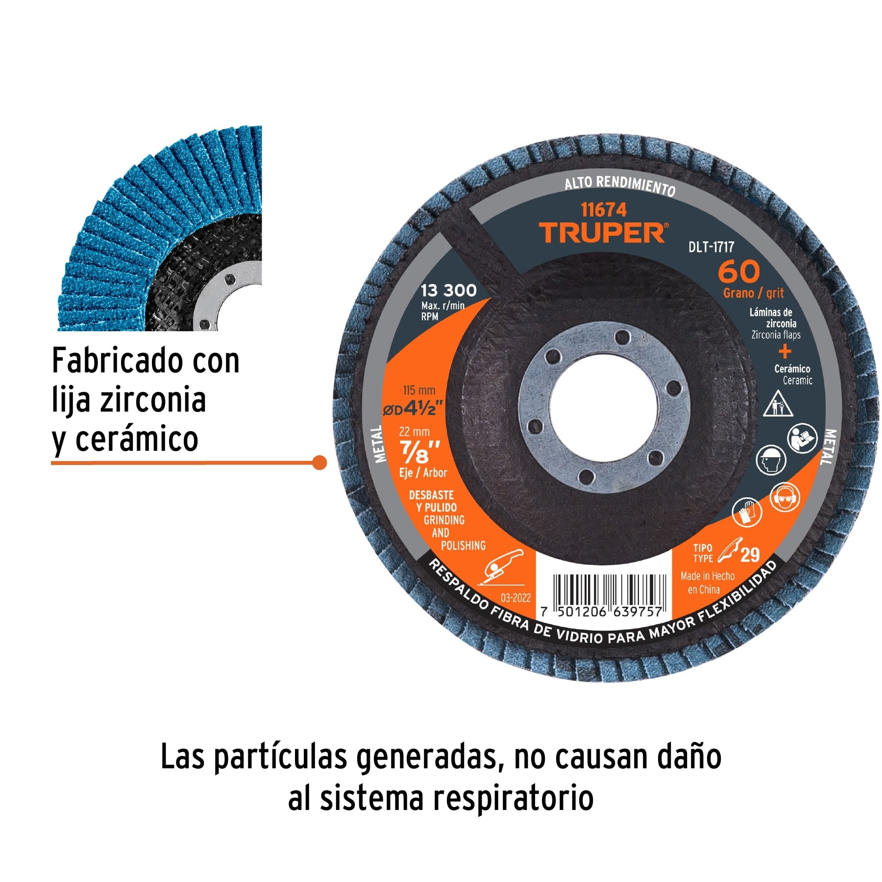 Disco laminado 4-1/2", grano 60 centro 7/8", fibra, TRUPER