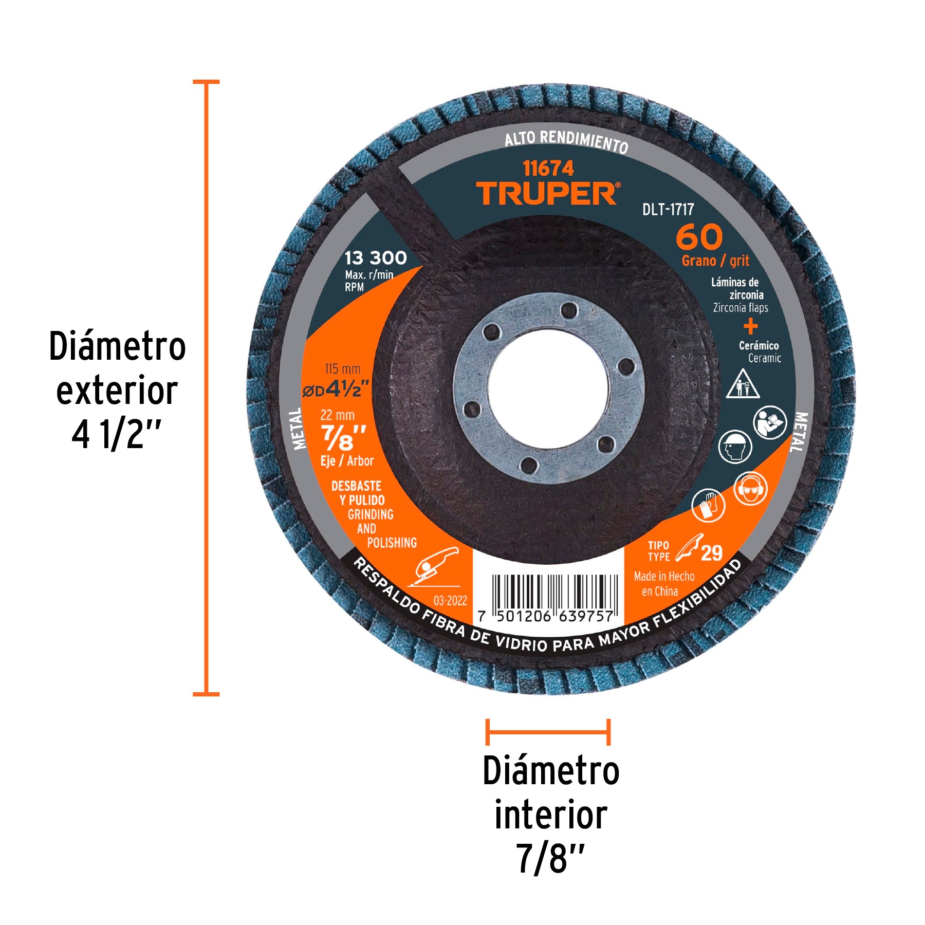 Disco laminado 4-1/2", grano 60 centro 7/8", fibra, TRUPER