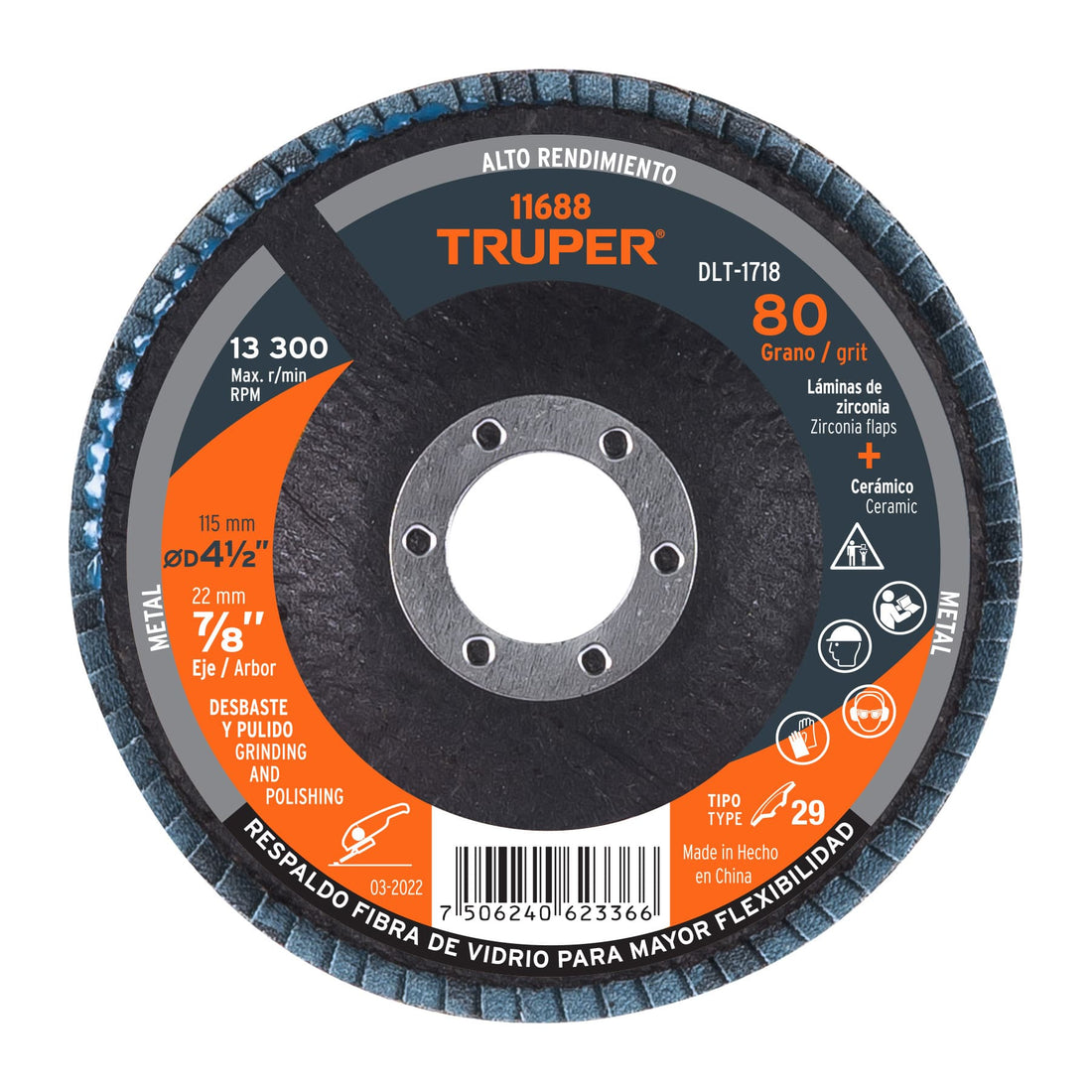 Disco laminado 4-1/2", grano 80 centro 7/8", fibra, TRUPER