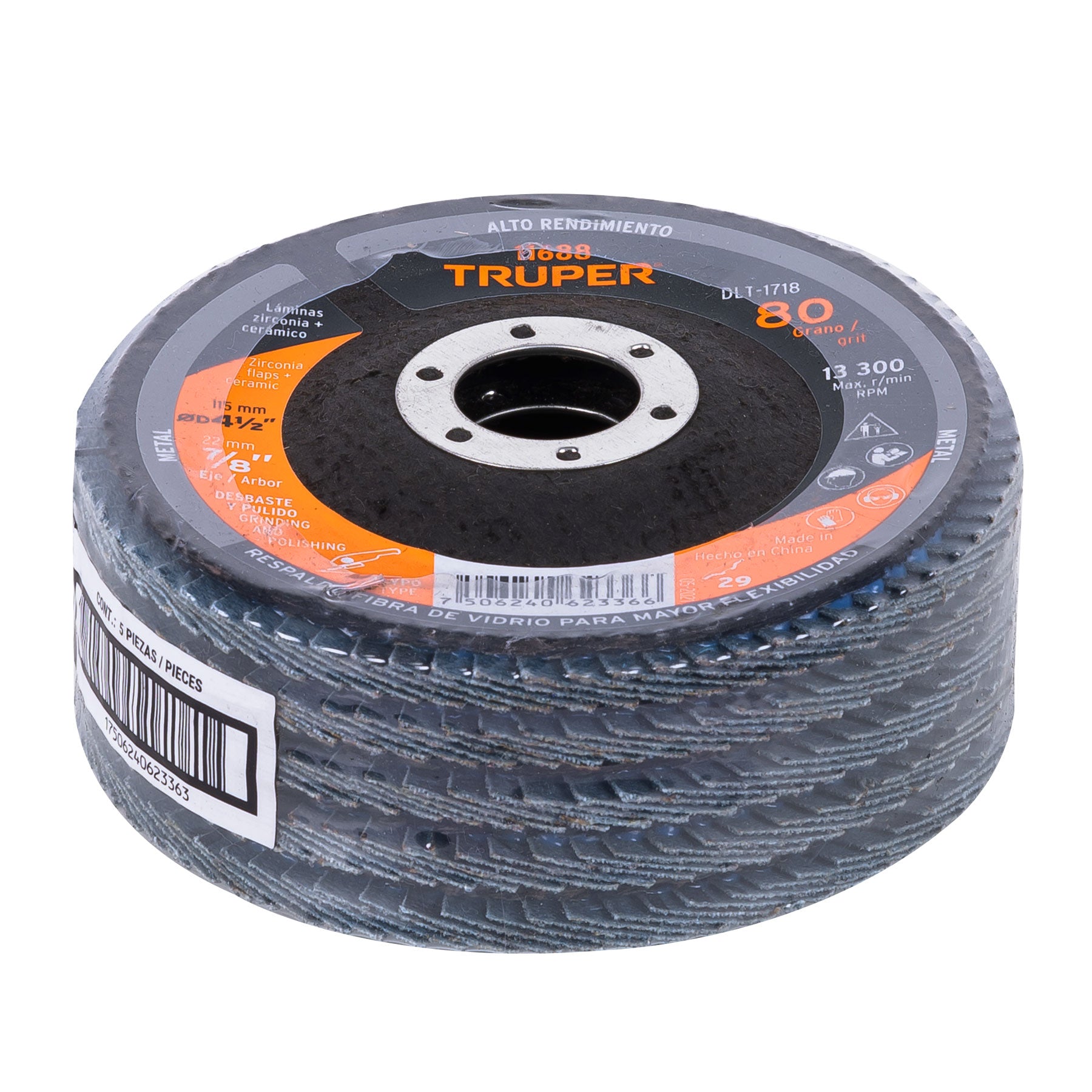 Disco laminado 4-1/2", grano 80 centro 7/8", fibra, TRUPER