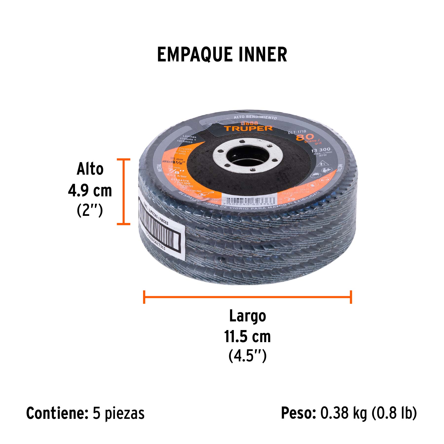 Disco laminado 4-1/2", grano 80 centro 7/8", fibra, TRUPER - Empaque