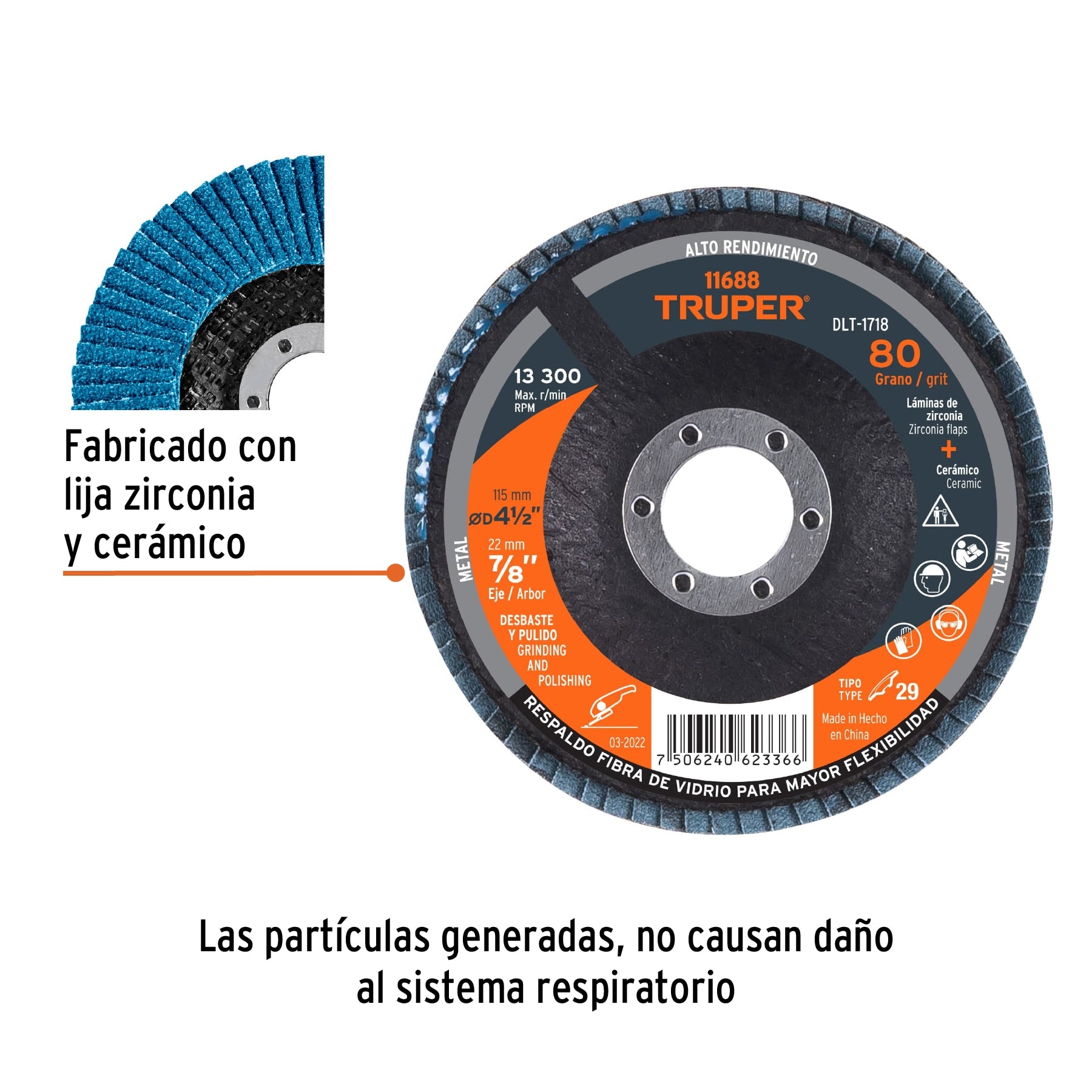 Disco laminado 4-1/2", grano 80 centro 7/8", fibra, TRUPER