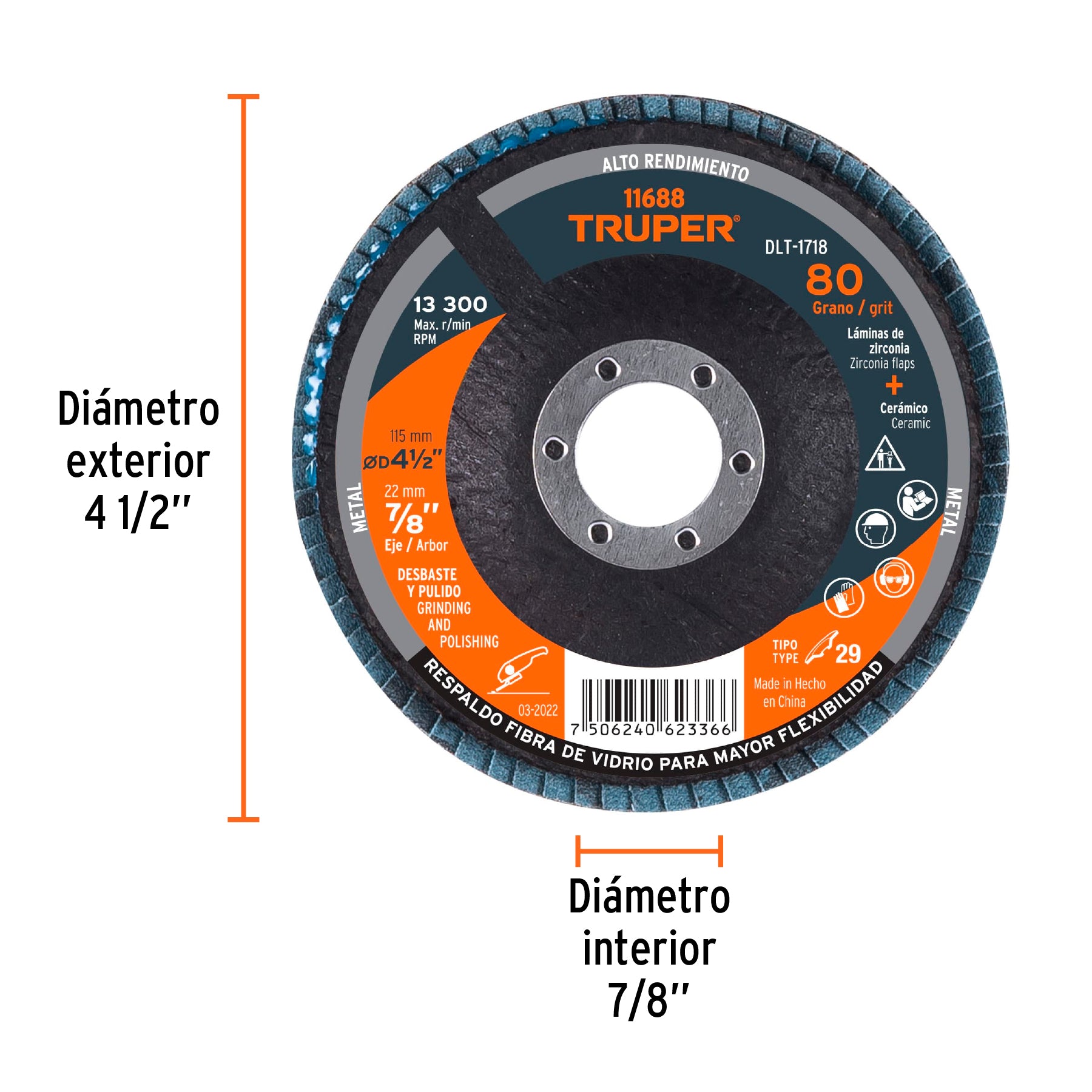 Disco laminado 4-1/2", grano 80 centro 7/8", fibra, TRUPER
