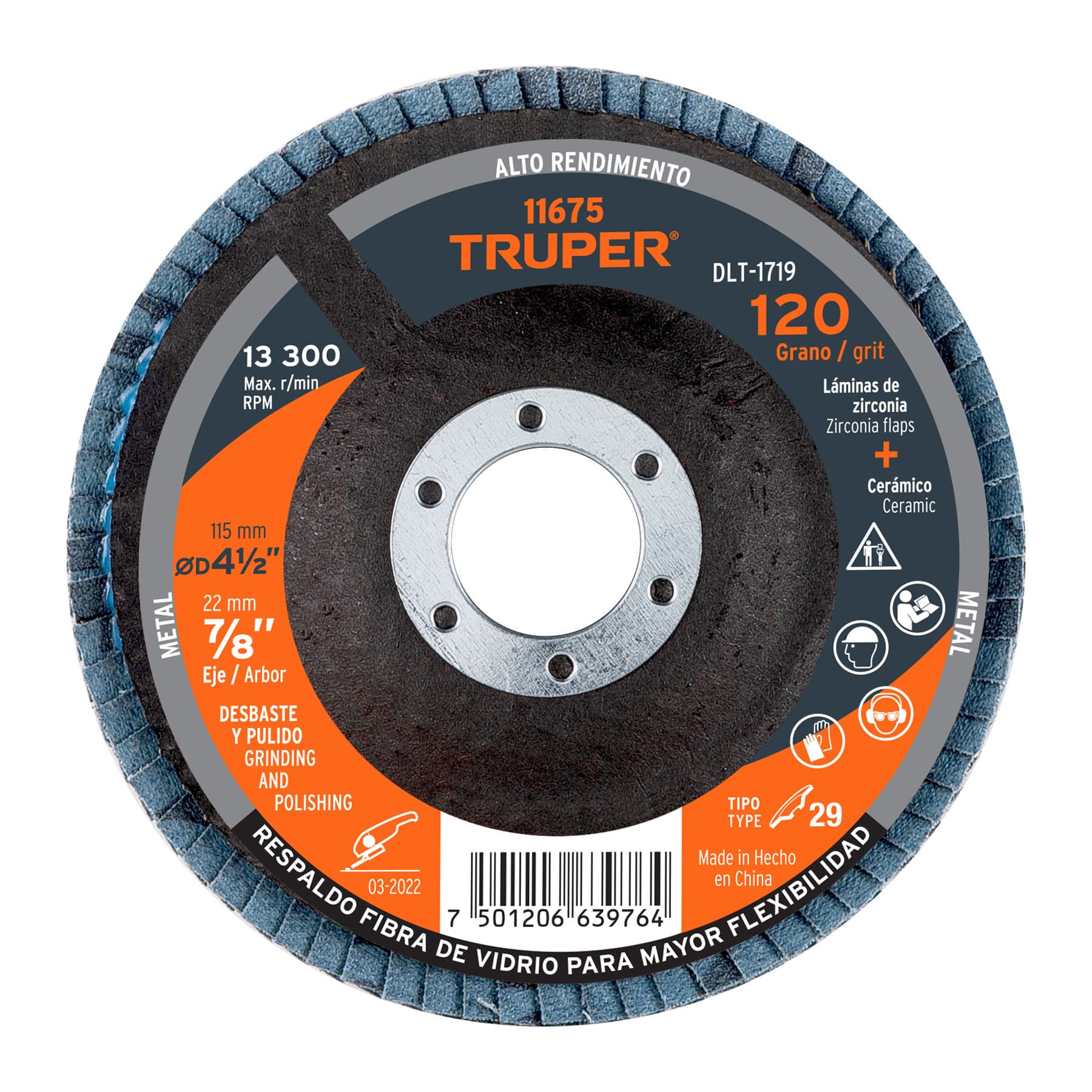 Disco laminado 4-1/2", grano 120 centro 7/8", fibra, TRUPER