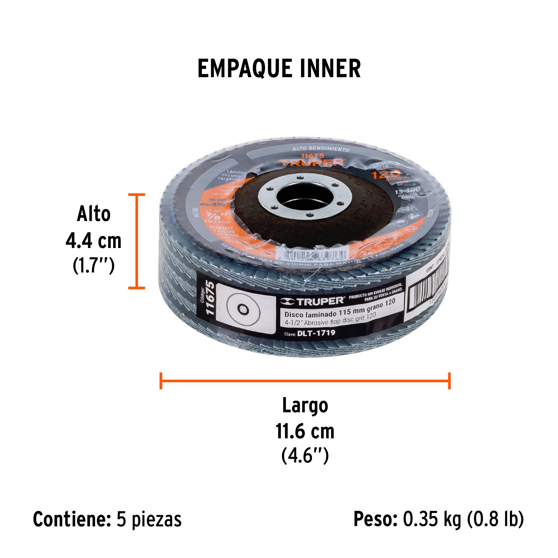 Disco laminado 4-1/2", grano 120 centro 7/8", fibra, TRUPER - Empaque