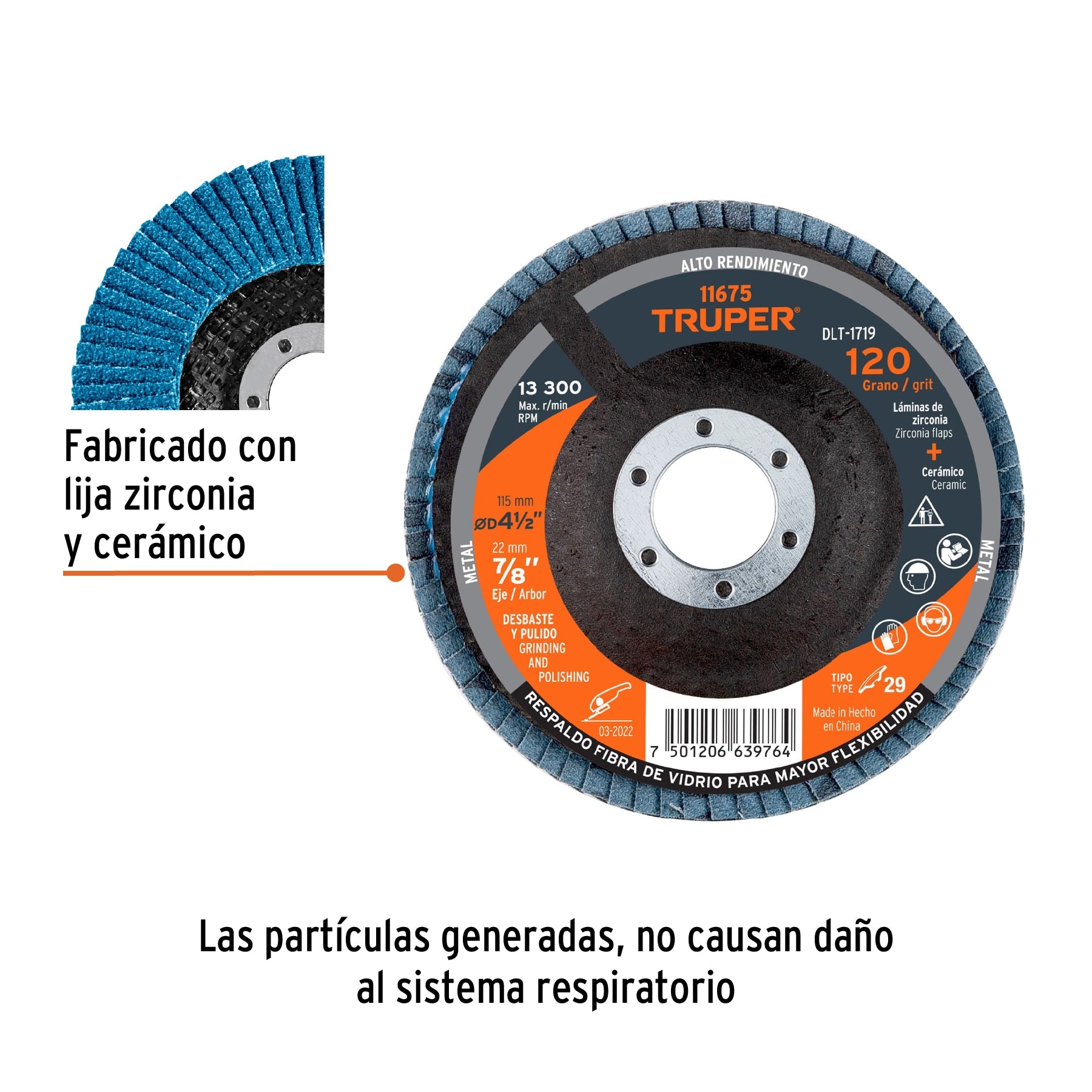 Disco laminado 4-1/2", grano 120 centro 7/8", fibra, TRUPER