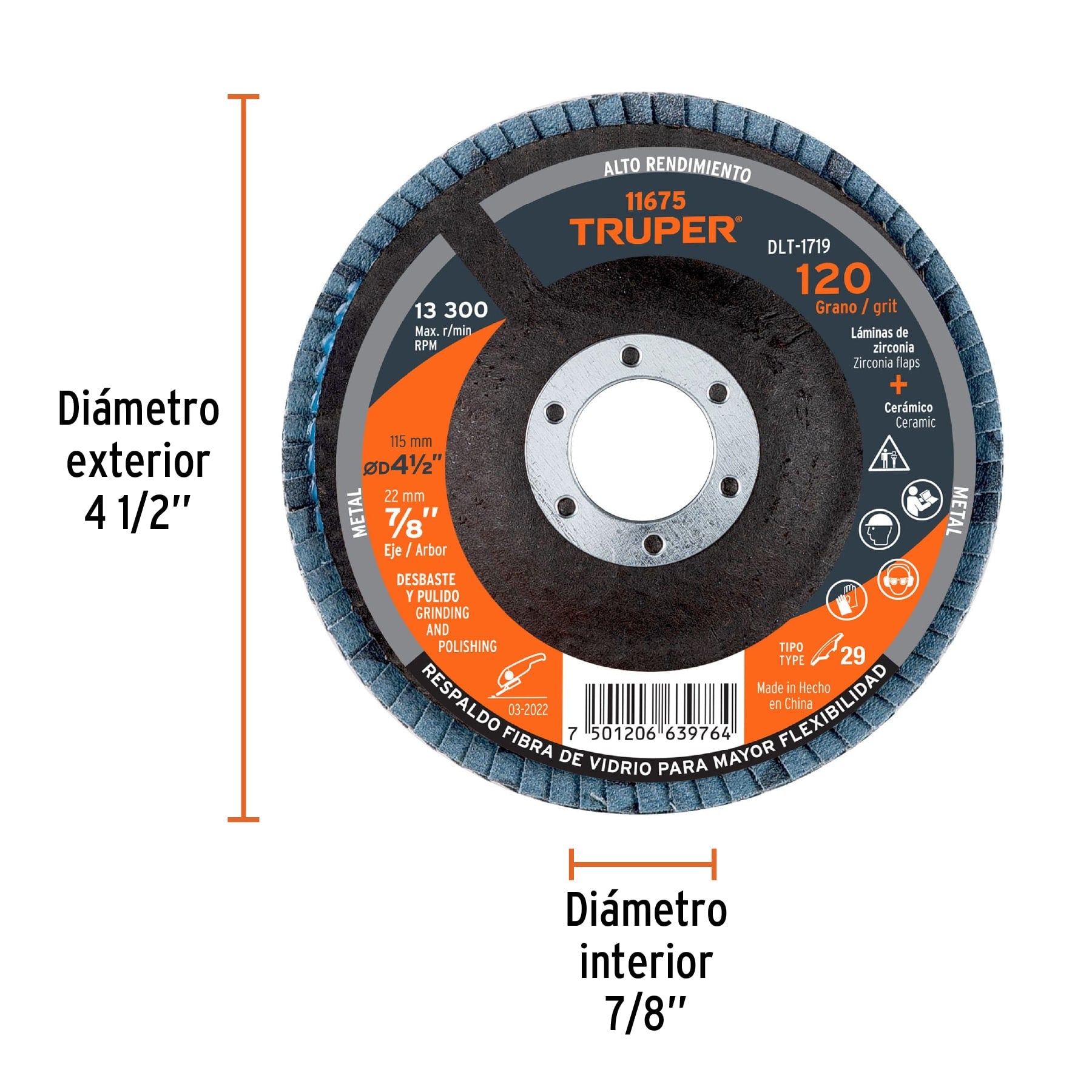 Disco laminado 4-1/2", grano 120 centro 7/8", fibra, TRUPER