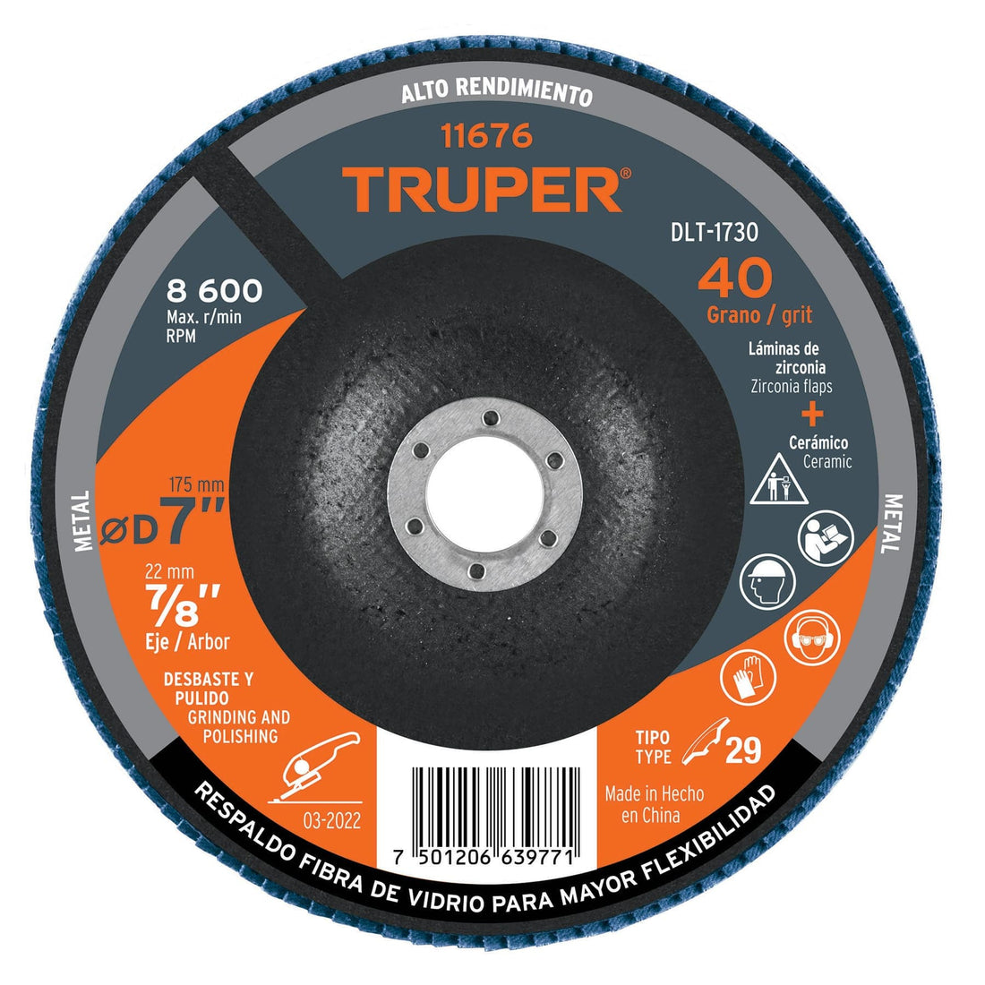 Disco laminado 7", grano 40 centro 7/8", fibra, TRUPER