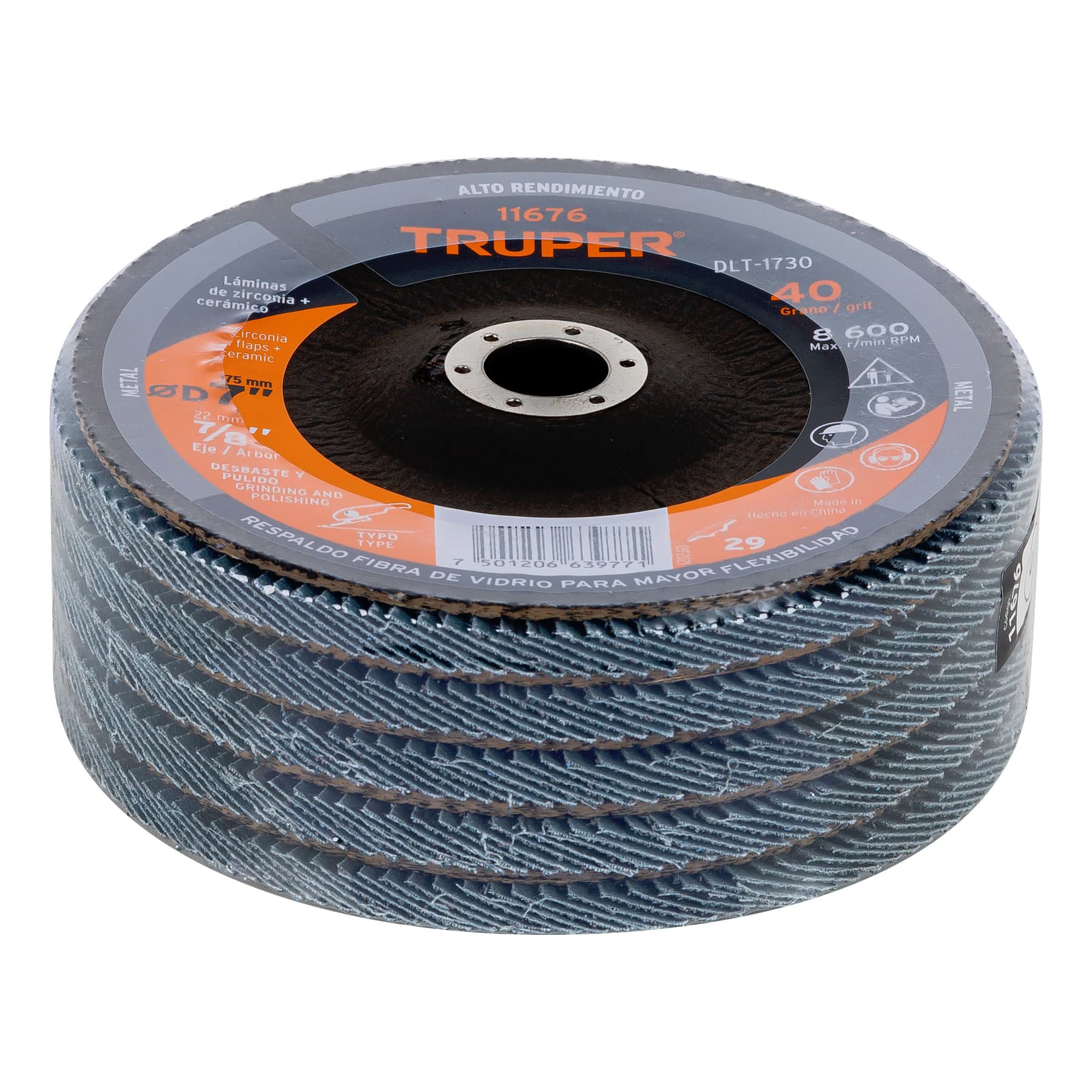 Disco laminado 7", grano 40 centro 7/8", fibra, TRUPER