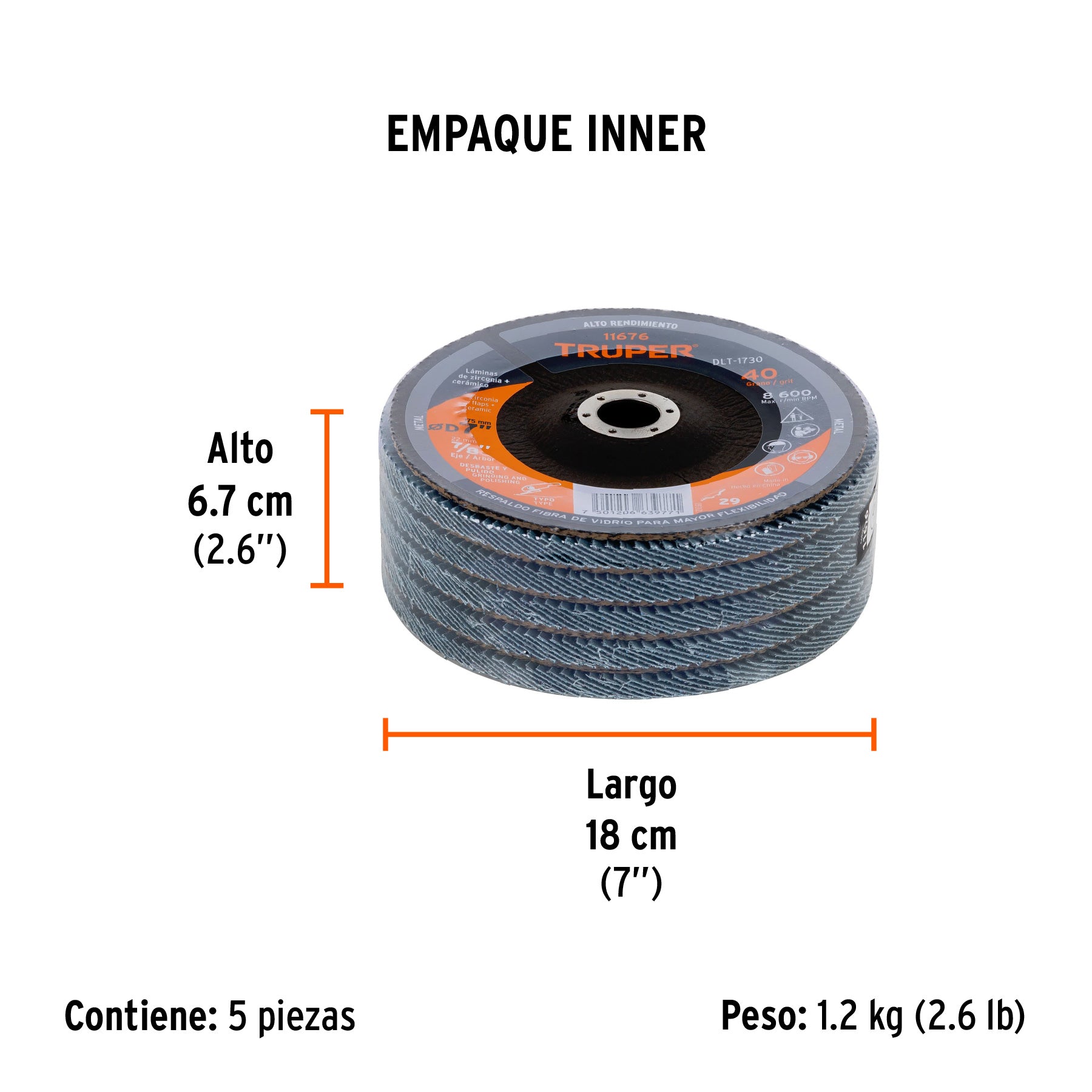 Disco laminado 7", grano 40 centro 7/8", fibra, TRUPER - Empaque