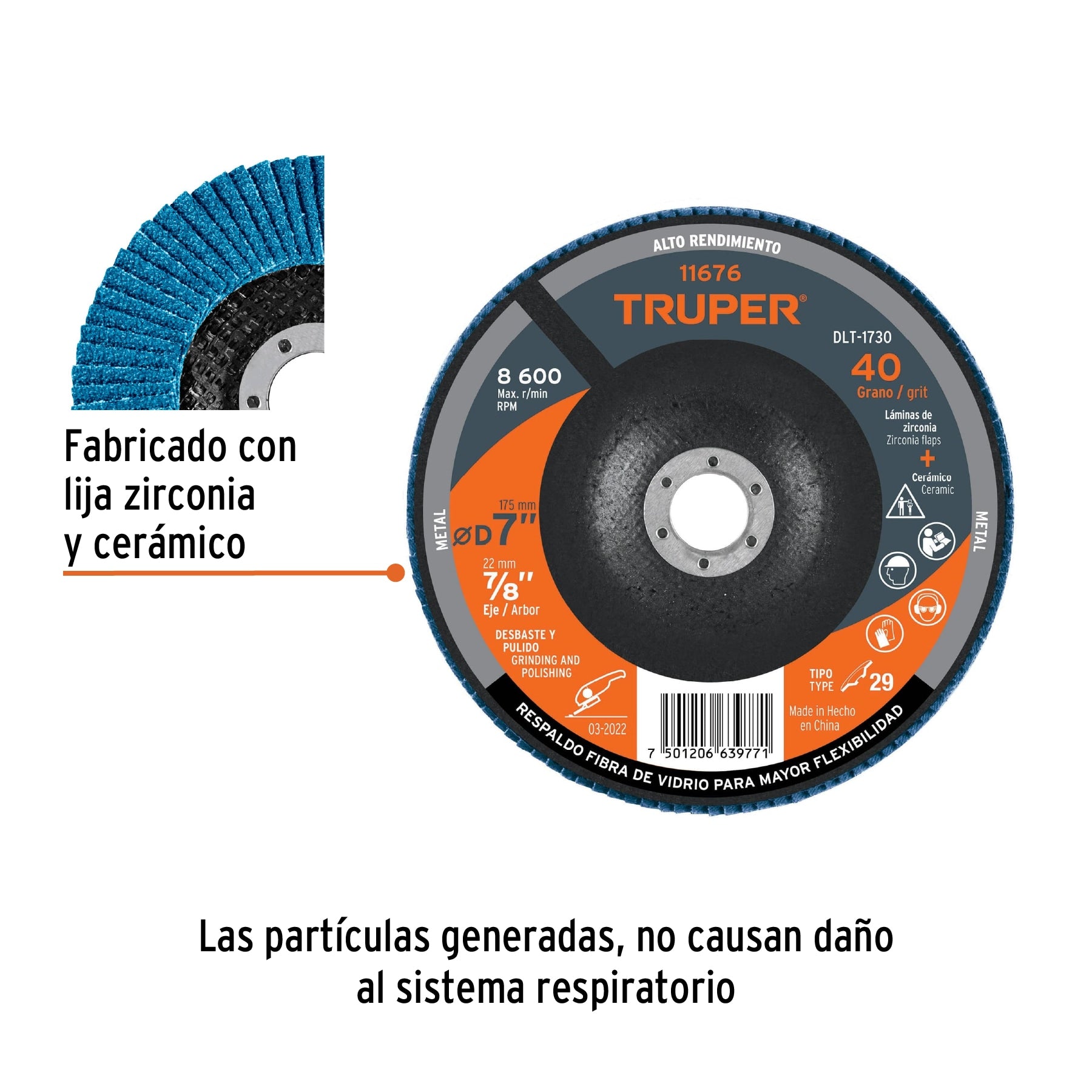 Disco laminado 7", grano 40 centro 7/8", fibra, TRUPER