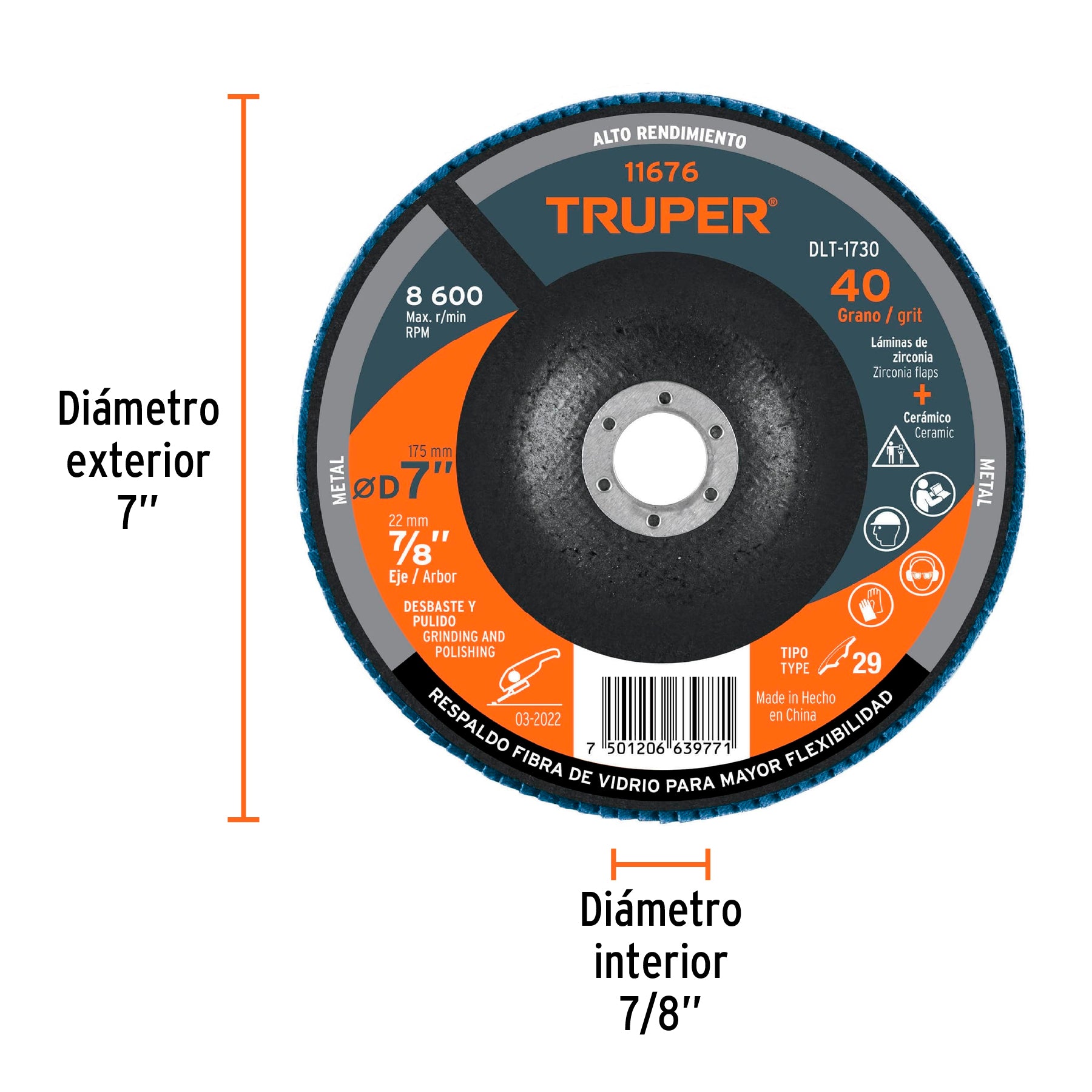 Disco laminado 7", grano 40 centro 7/8", fibra, TRUPER
