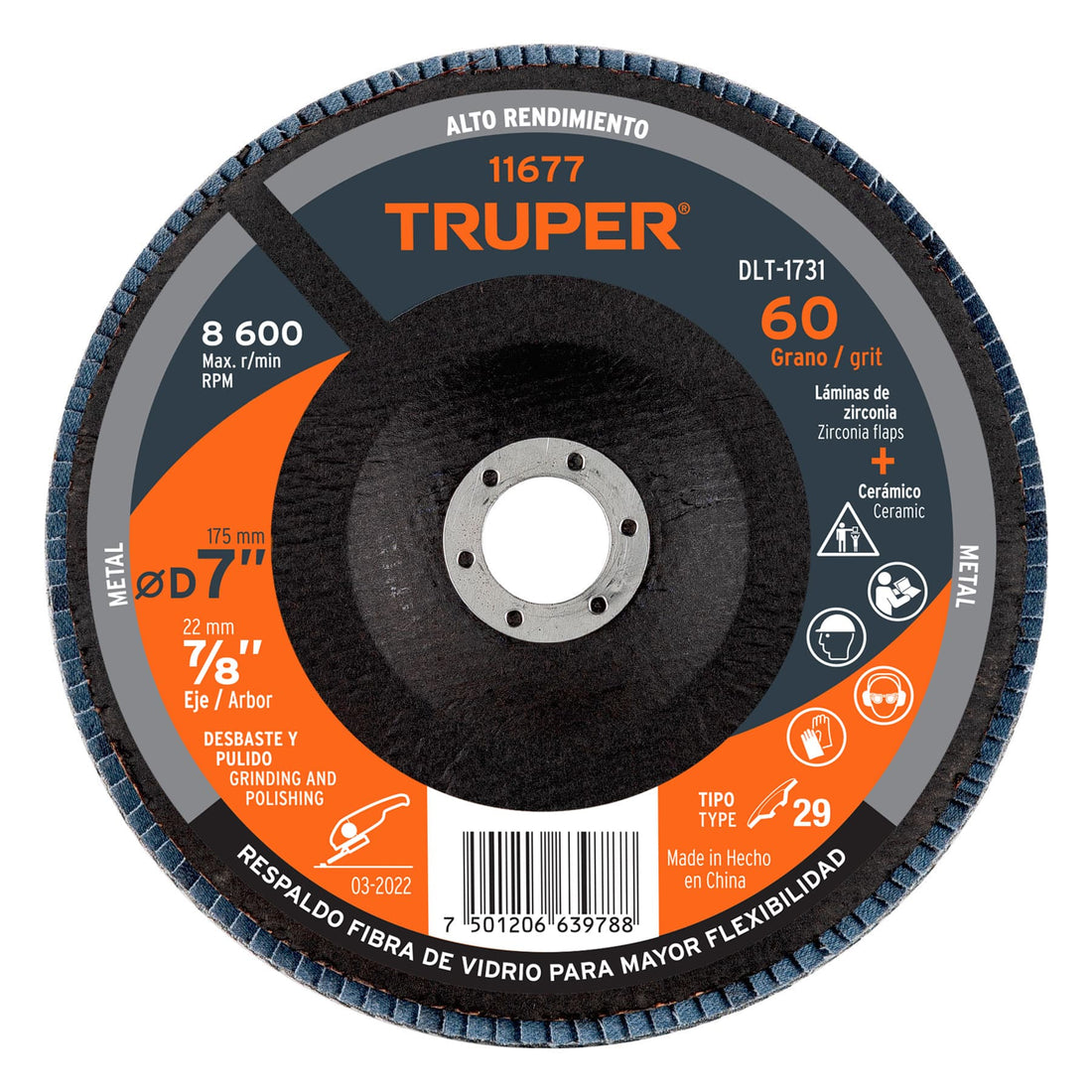Disco laminado 7", grano 60 centro 7/8", fibra, TRUPER