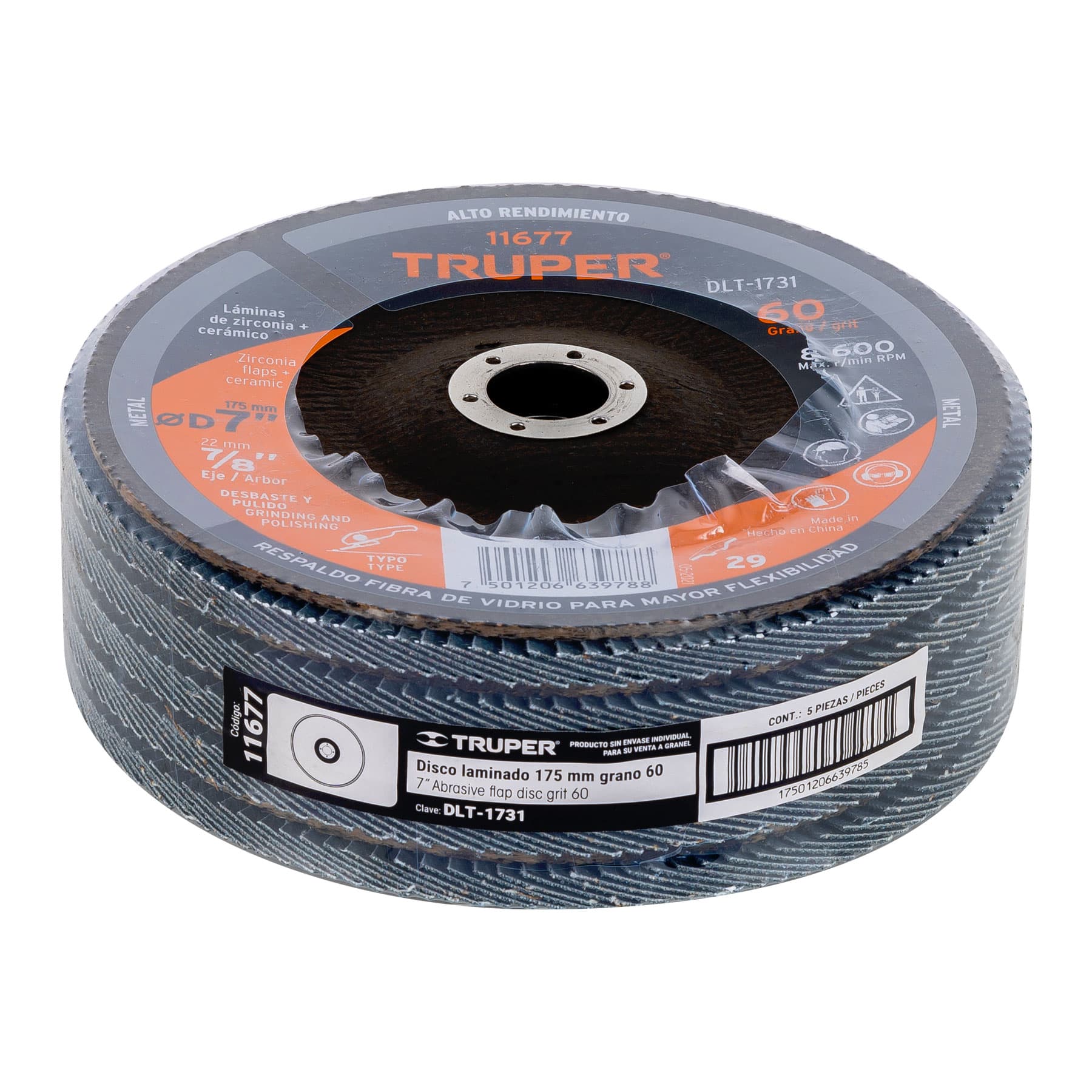 Disco laminado 7", grano 60 centro 7/8", fibra, TRUPER