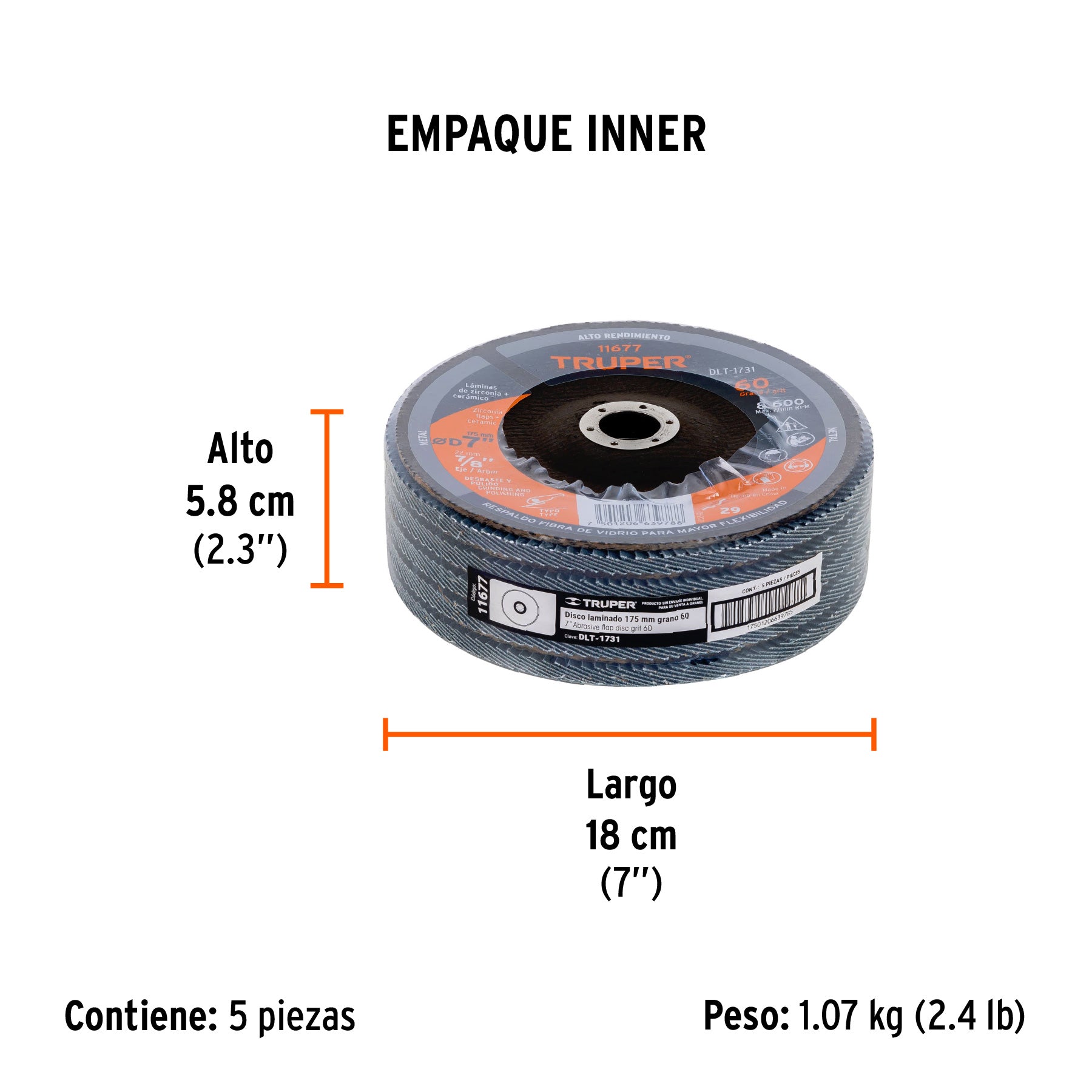 Disco laminado 7", grano 60 centro 7/8", fibra, TRUPER - Empaque