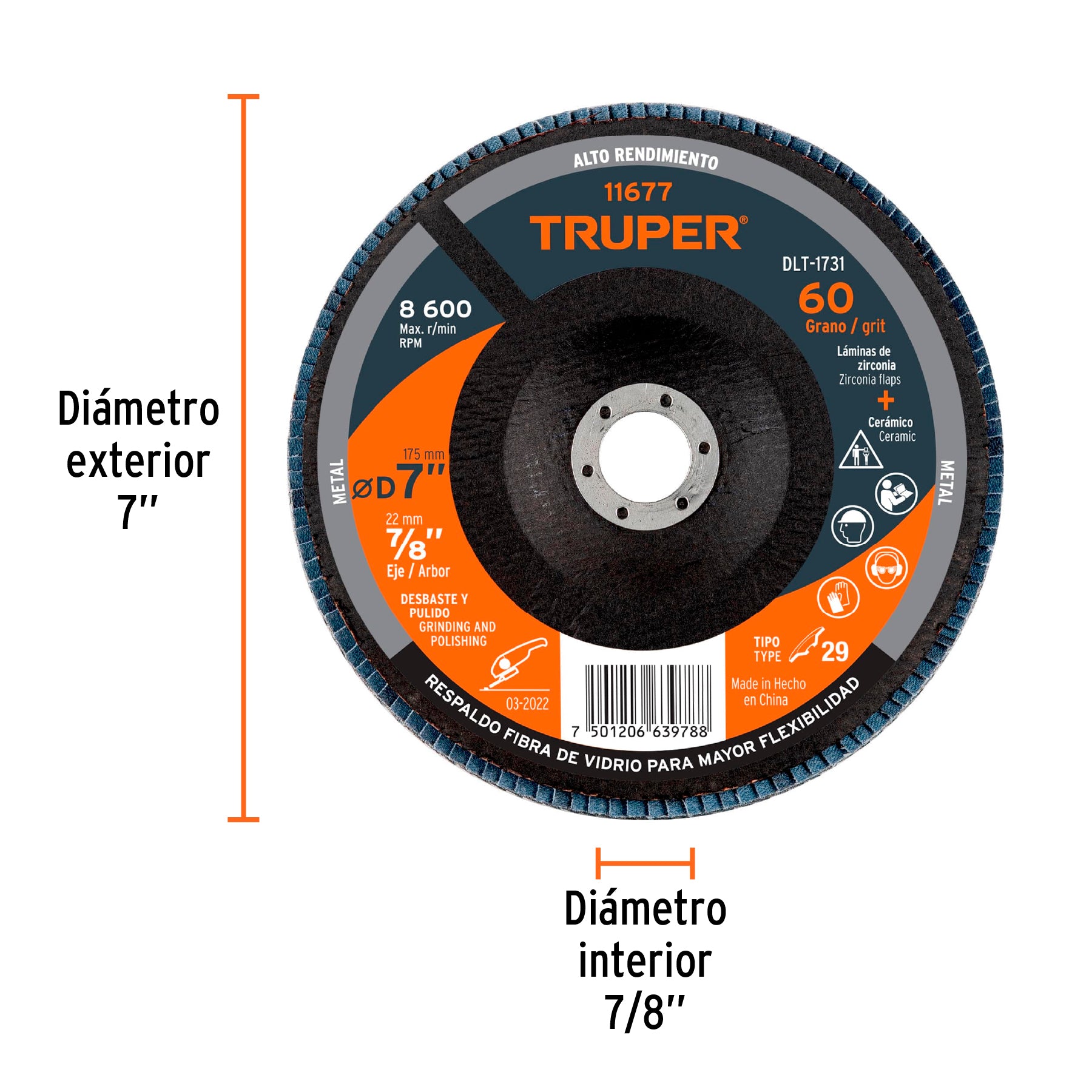 Disco laminado 7", grano 60 centro 7/8", fibra, TRUPER