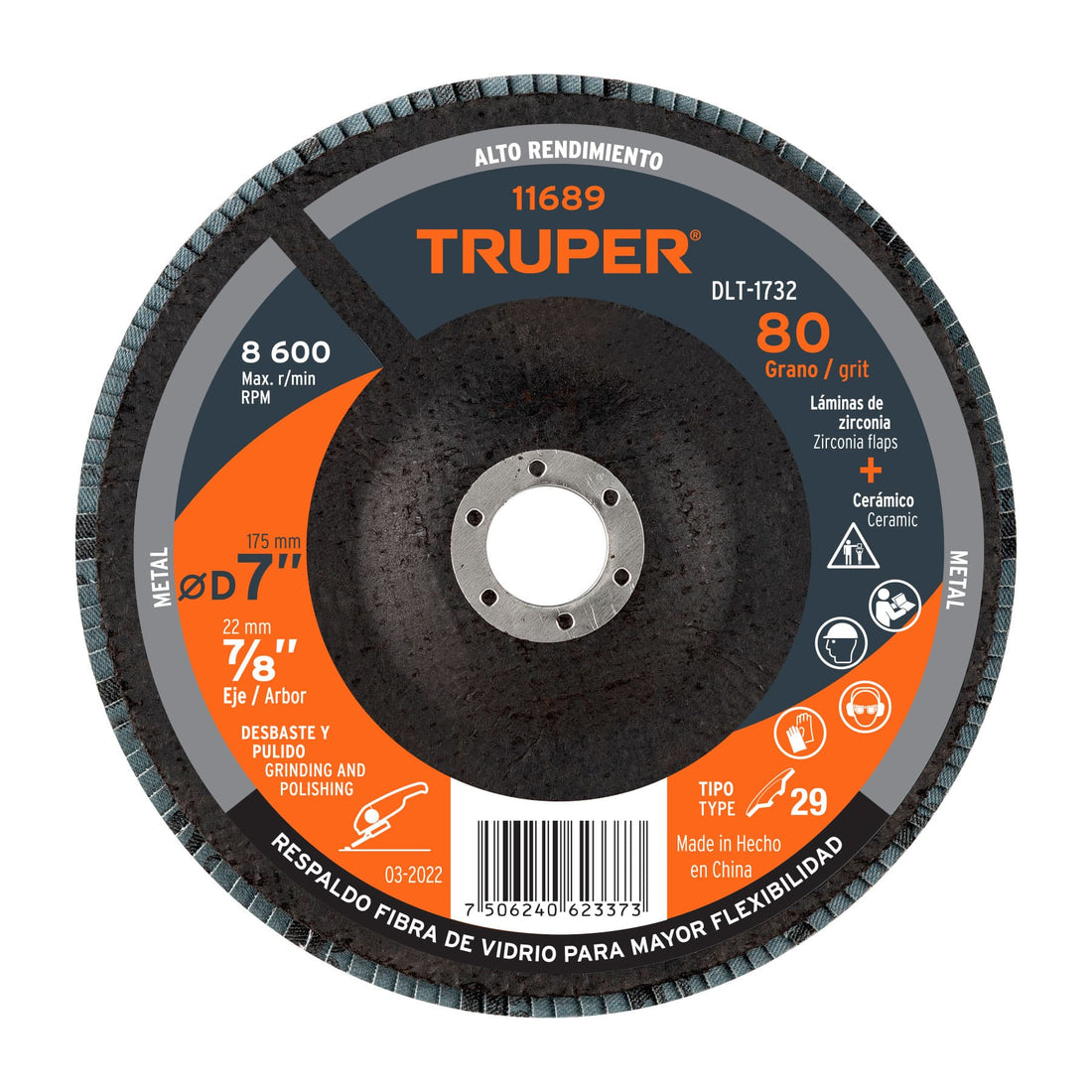 Disco laminado 7", grano 80 centro 7/8", fibra, TRUPER