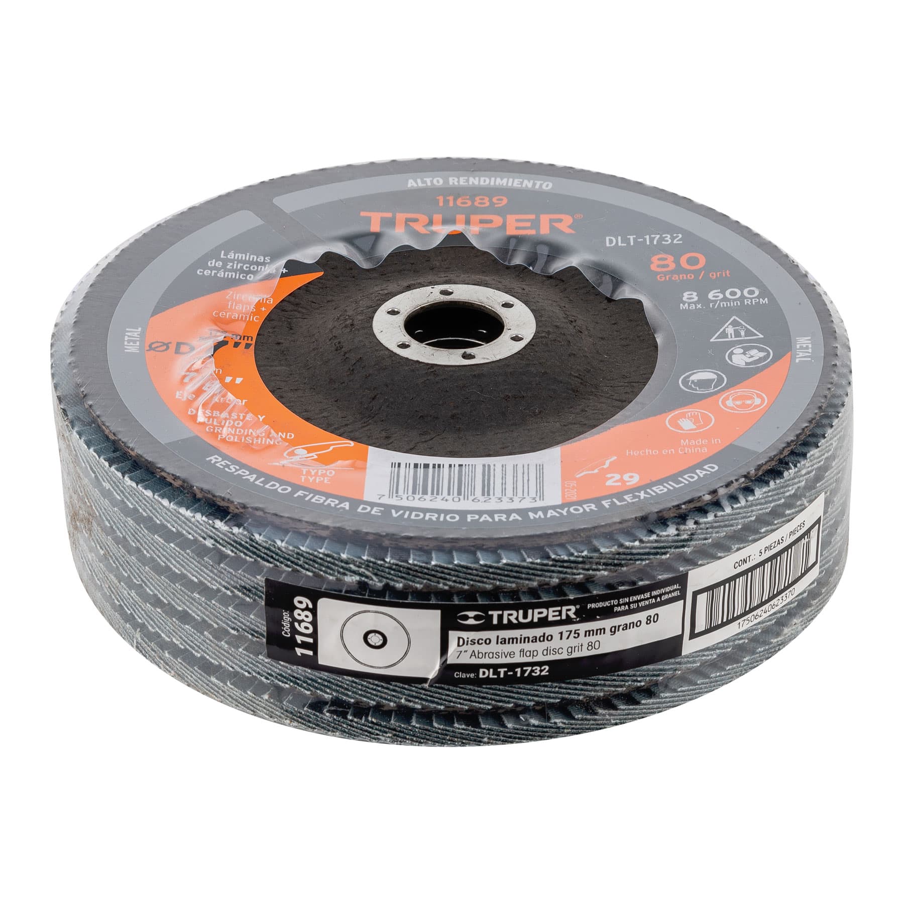 Disco laminado 7", grano 80 centro 7/8", fibra, TRUPER