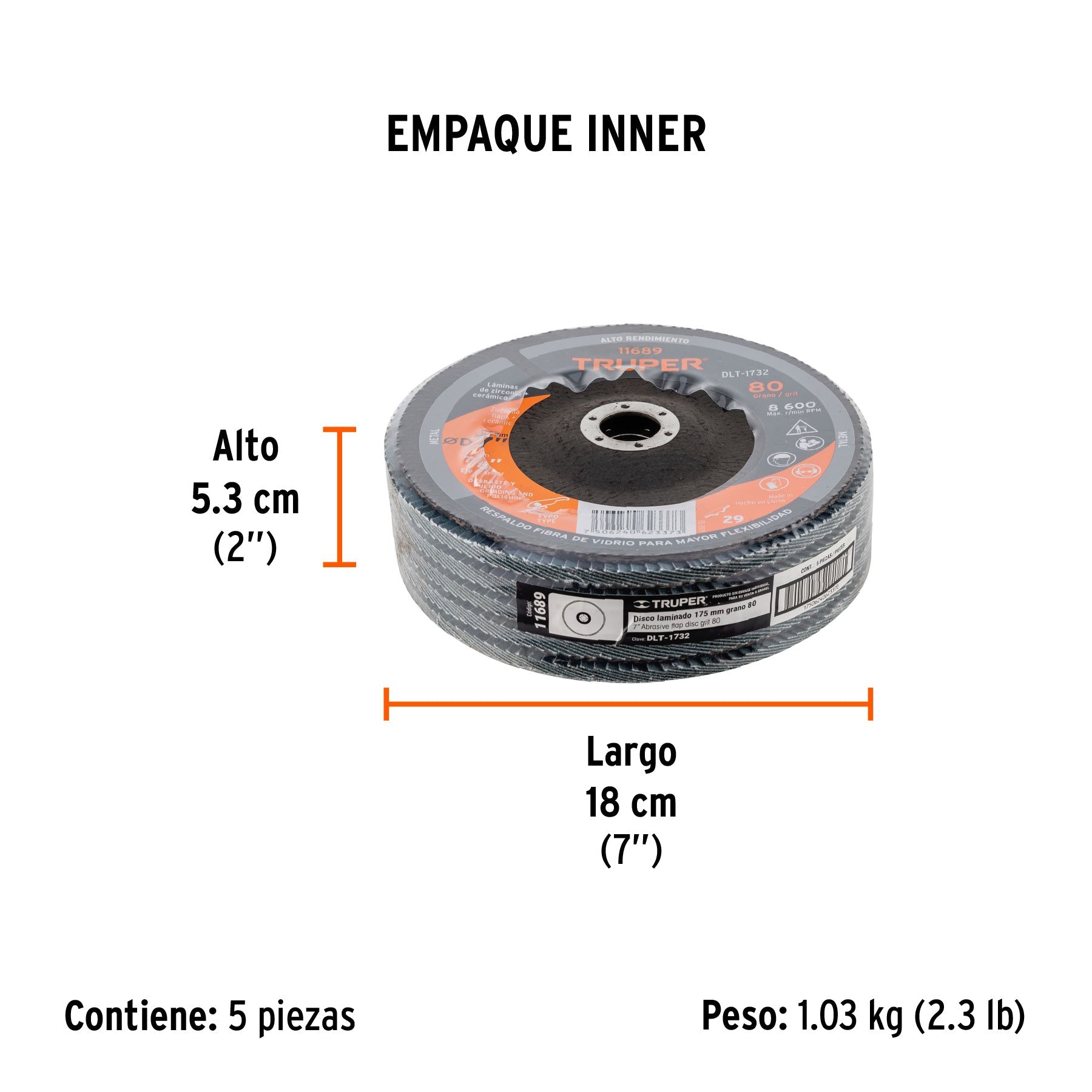 Disco laminado 7", grano 80 centro 7/8", fibra, TRUPER - Empaque