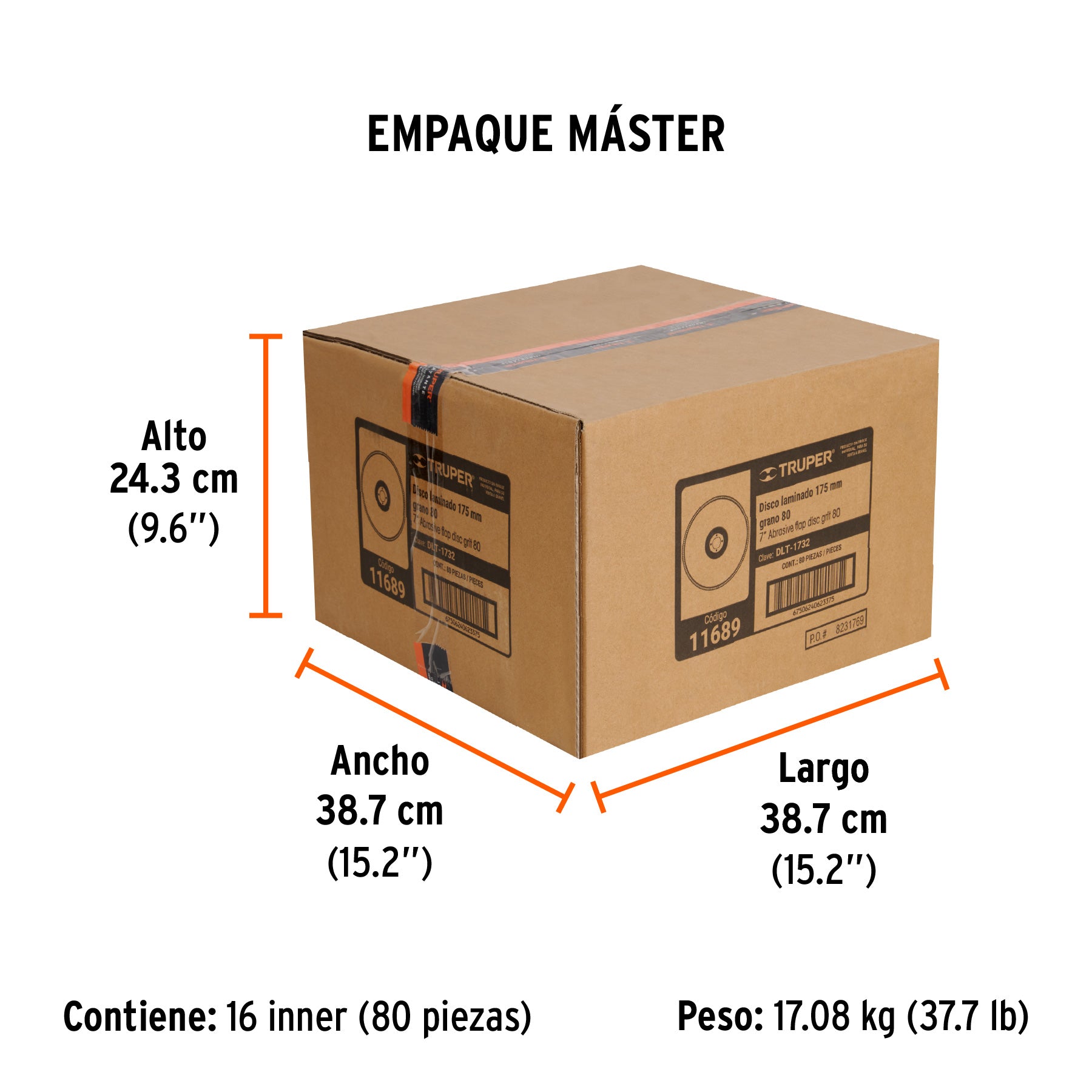 Disco laminado 7", grano 80 centro 7/8", fibra, TRUPER - Empaque