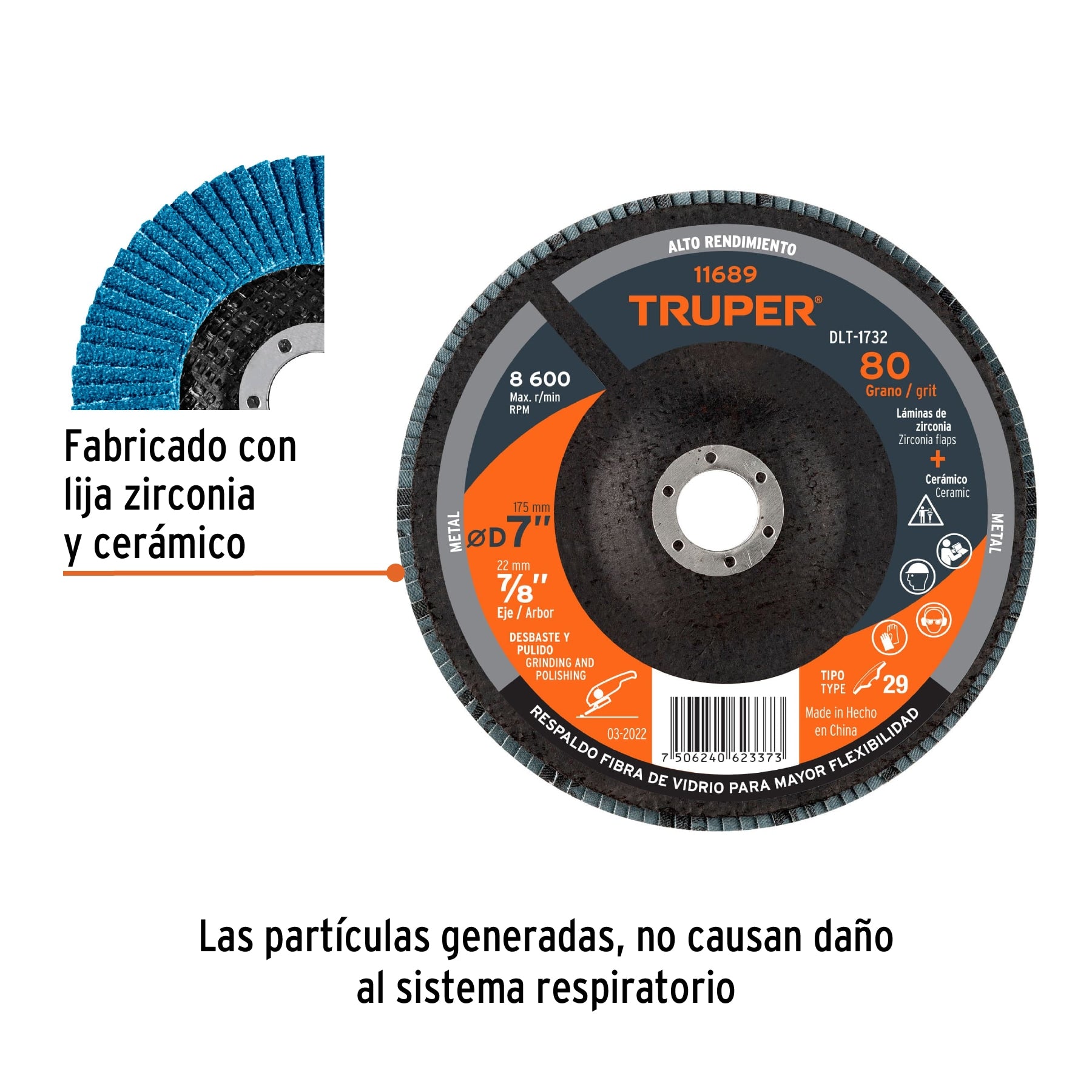 Disco laminado 7", grano 80 centro 7/8", fibra, TRUPER
