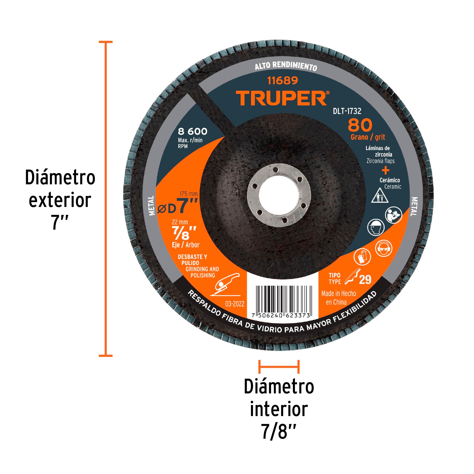 Disco laminado 7", grano 80 centro 7/8", fibra, TRUPER