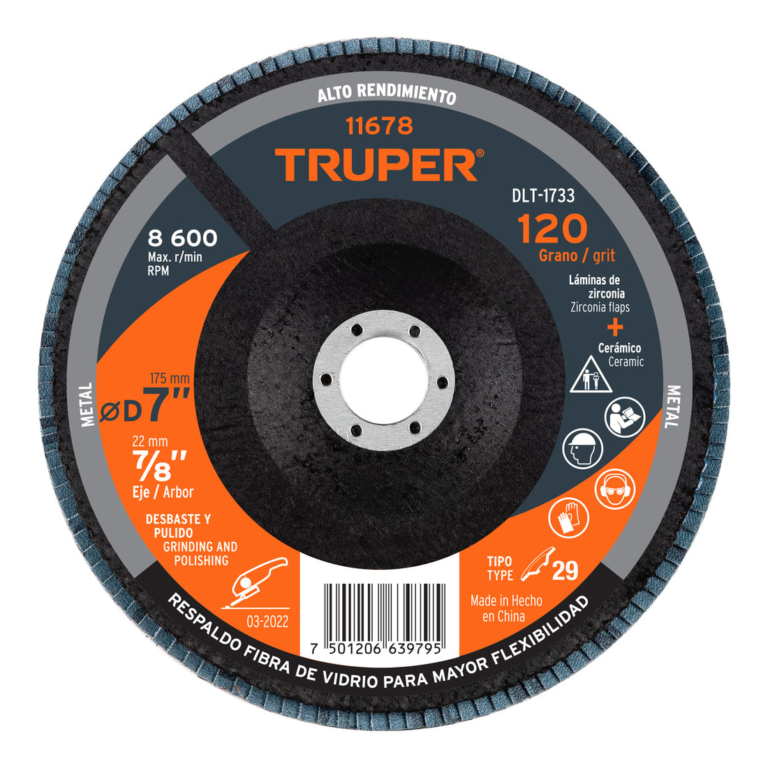 Disco laminado 7", grano 120 centro 7/8", fibra, TRUPER