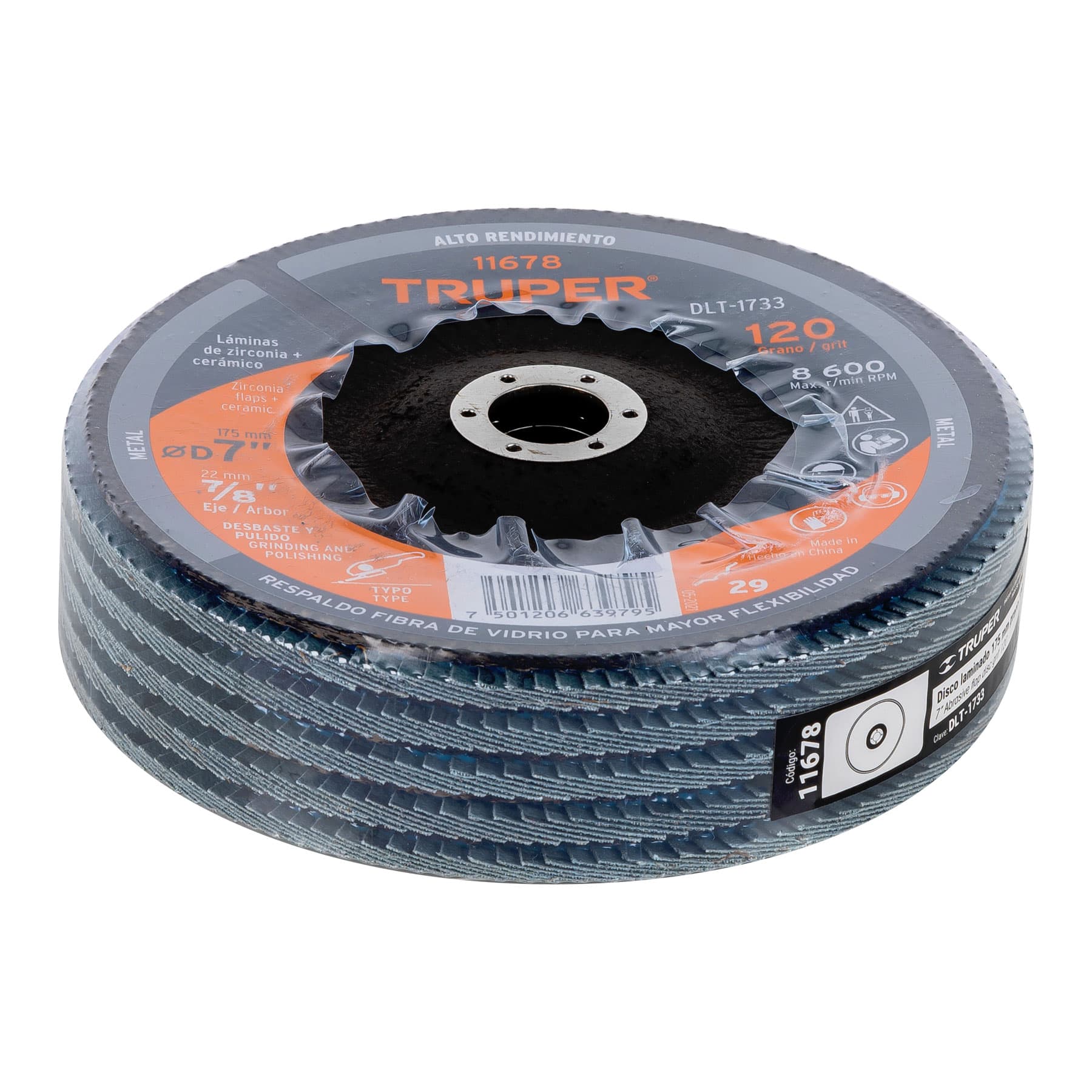 Disco laminado 7", grano 120 centro 7/8", fibra, TRUPER