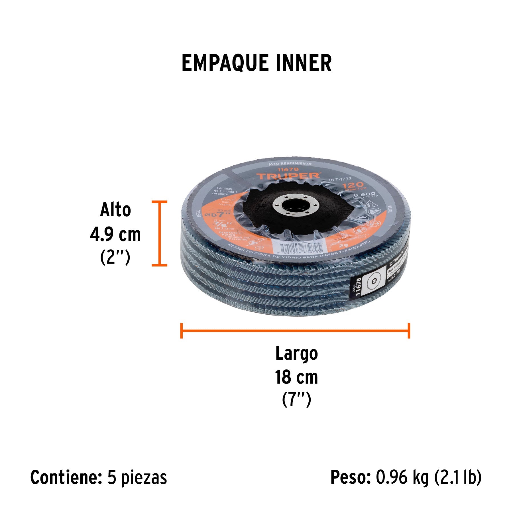 Disco laminado 7", grano 120 centro 7/8", fibra, TRUPER - Empaque