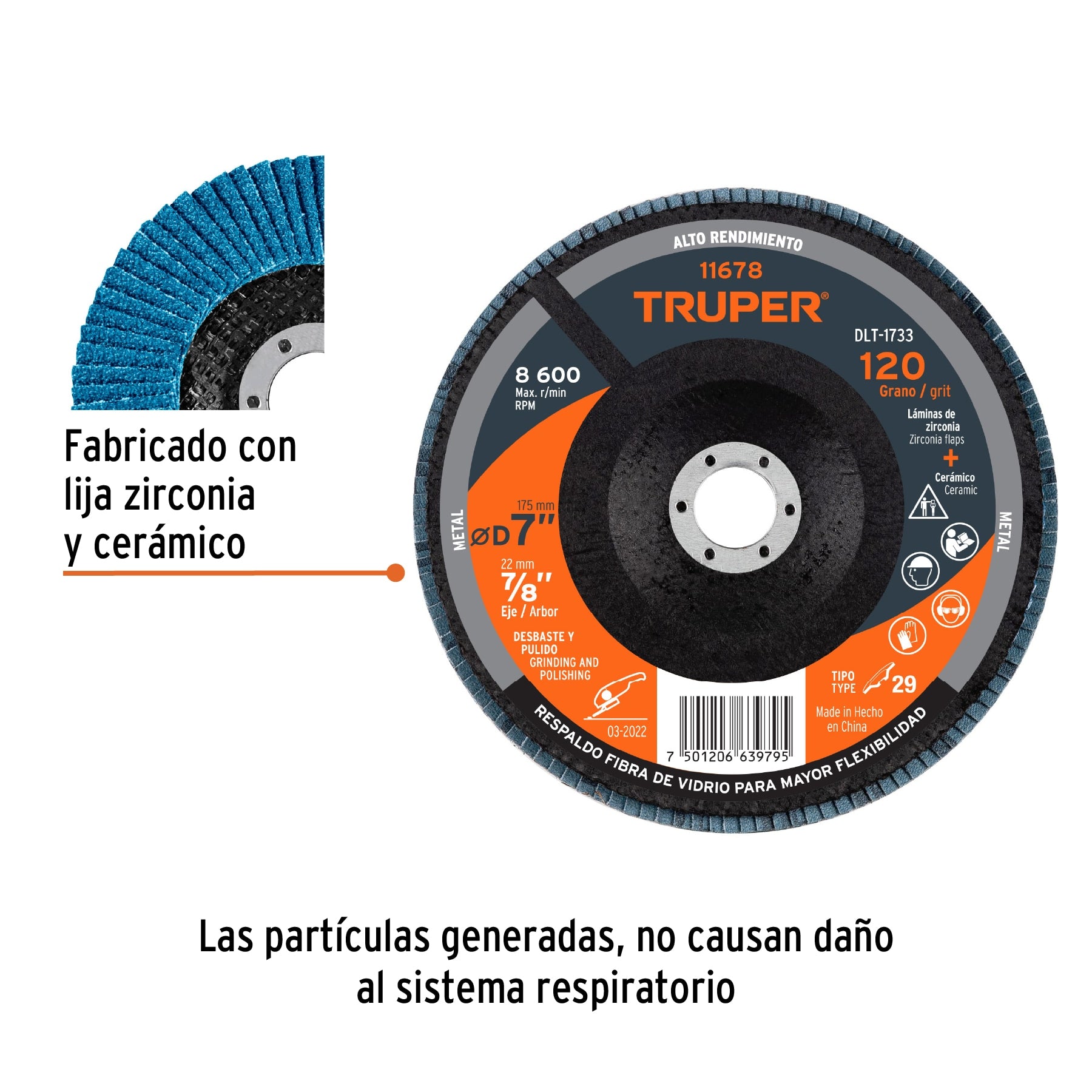 Disco laminado 7", grano 120 centro 7/8", fibra, TRUPER