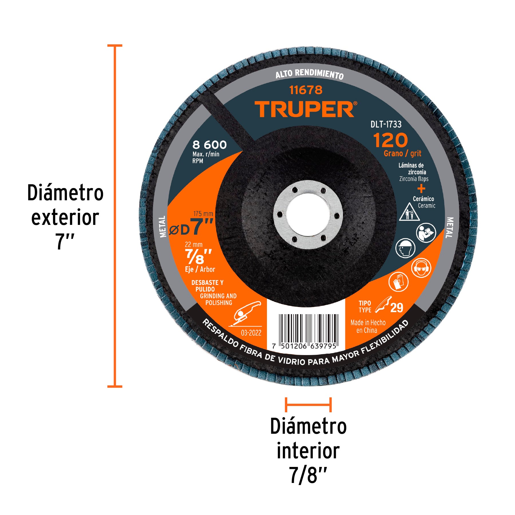 Disco laminado 7", grano 120 centro 7/8", fibra, TRUPER
