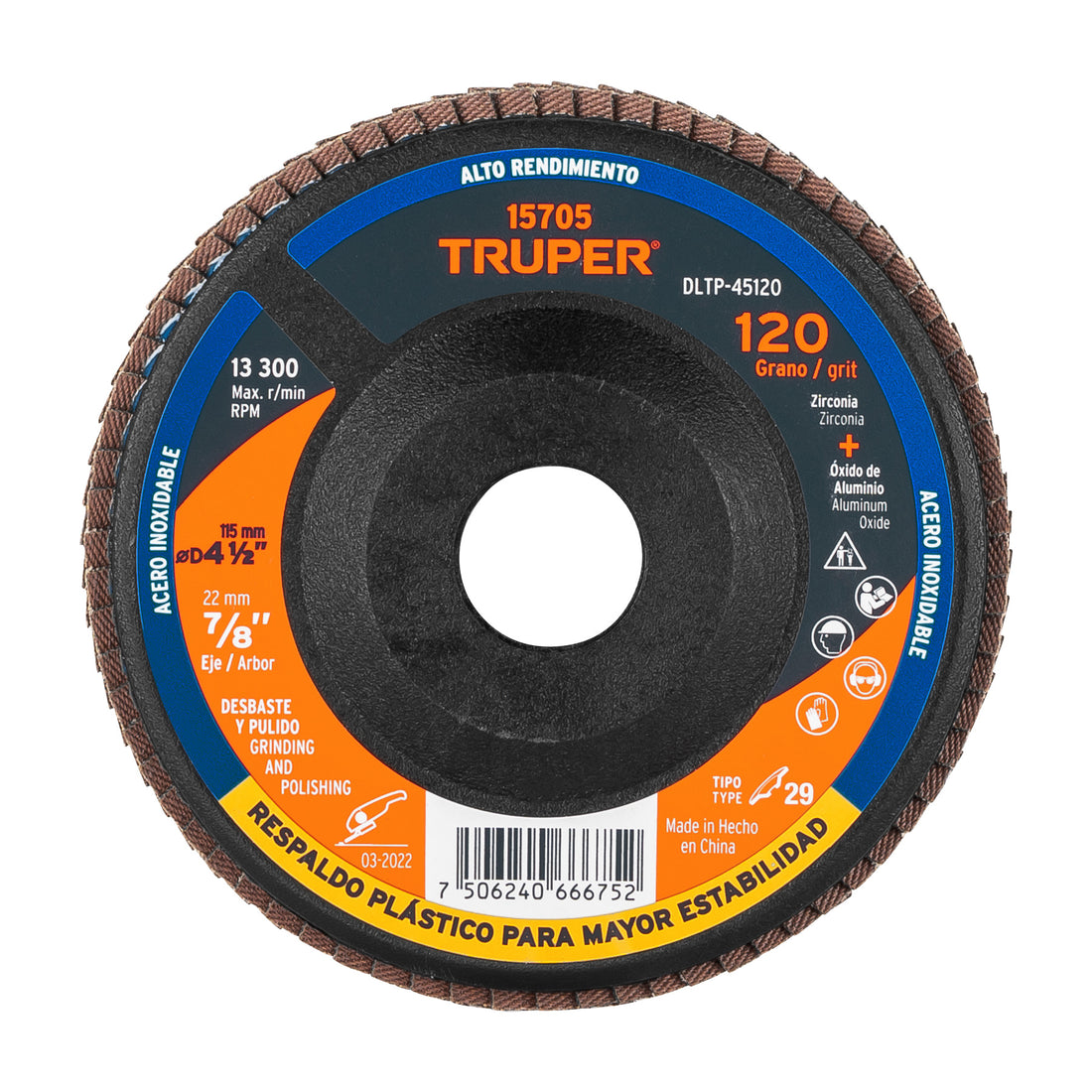 Disco laminado 4-1/2" grano 120 centro 7/8", plástico,TRUPER