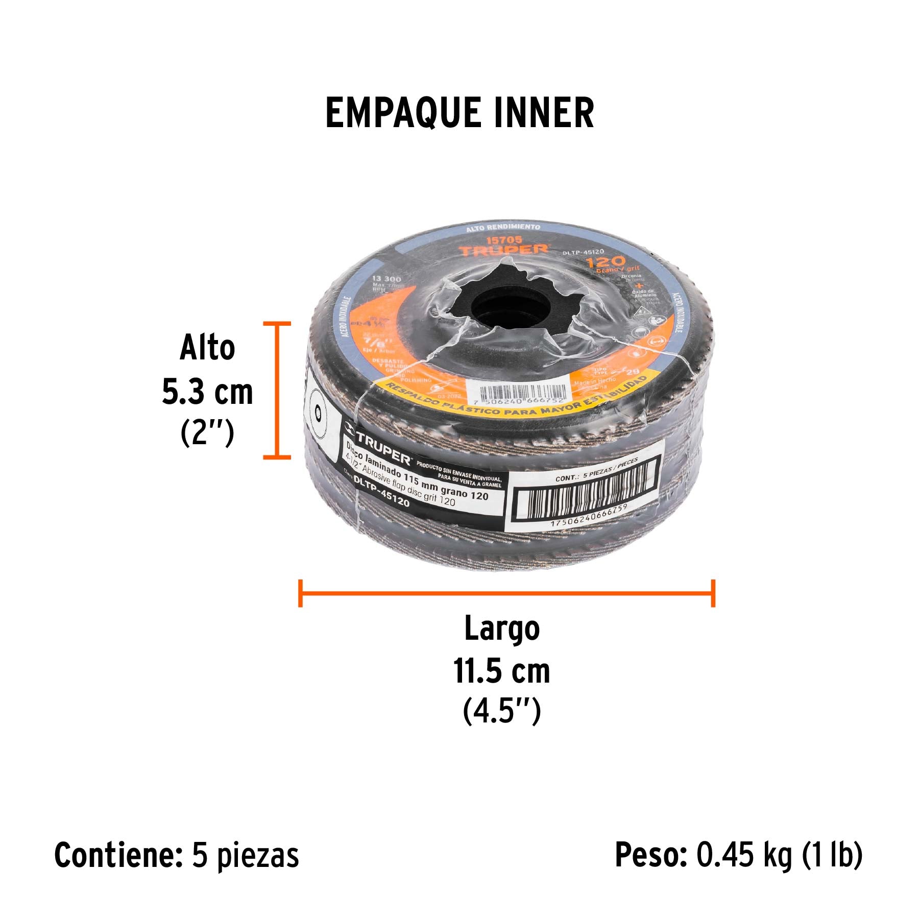 Disco laminado 4-1/2" grano 120 centro 7/8", plástico,TRUPER - Empaque