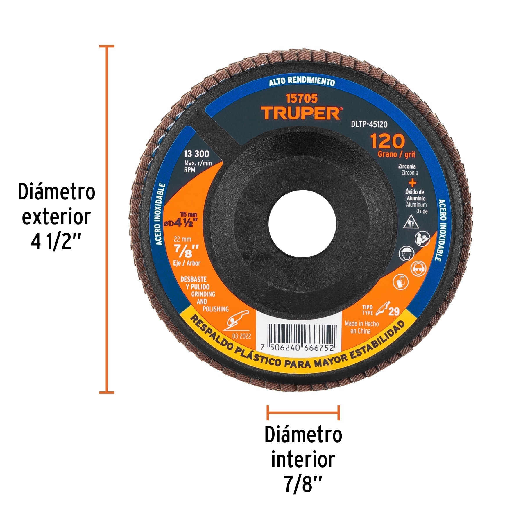 Disco laminado 4-1/2" grano 120 centro 7/8", plástico,TRUPER