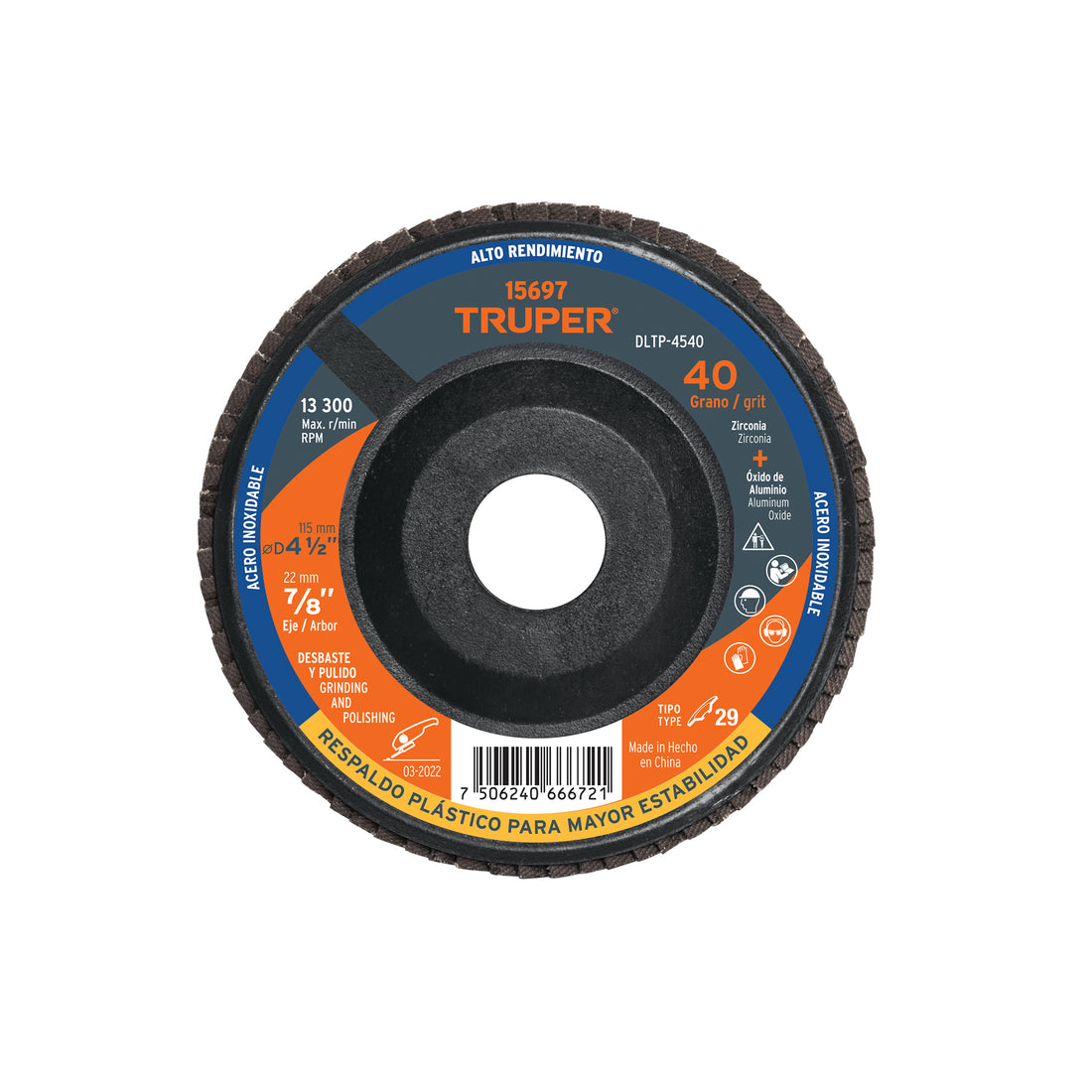 Disco laminado 4-1/2" grano 40 centro 7/8", plástico, TRUPER