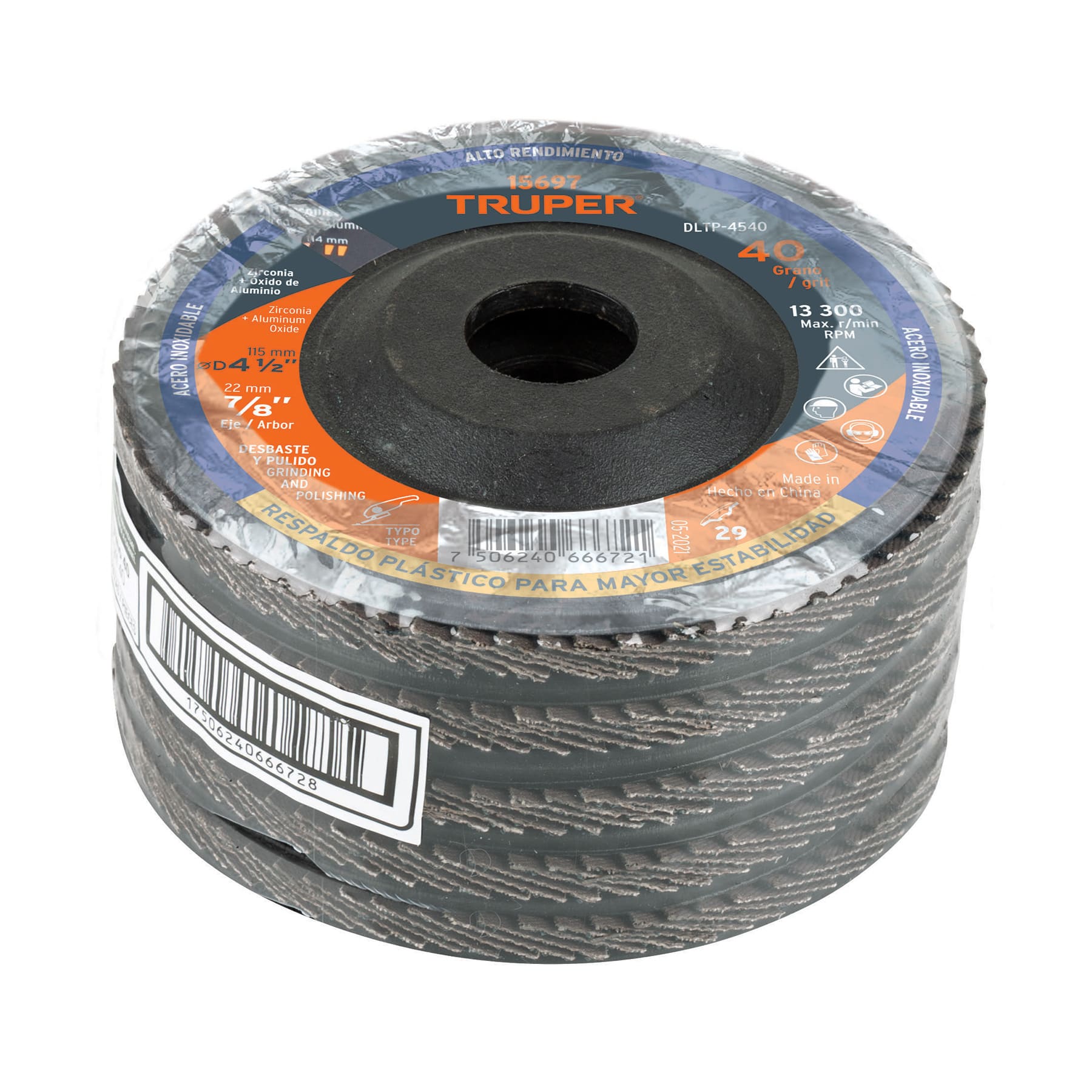 Disco laminado 4-1/2" grano 40 centro 7/8", plástico, TRUPER