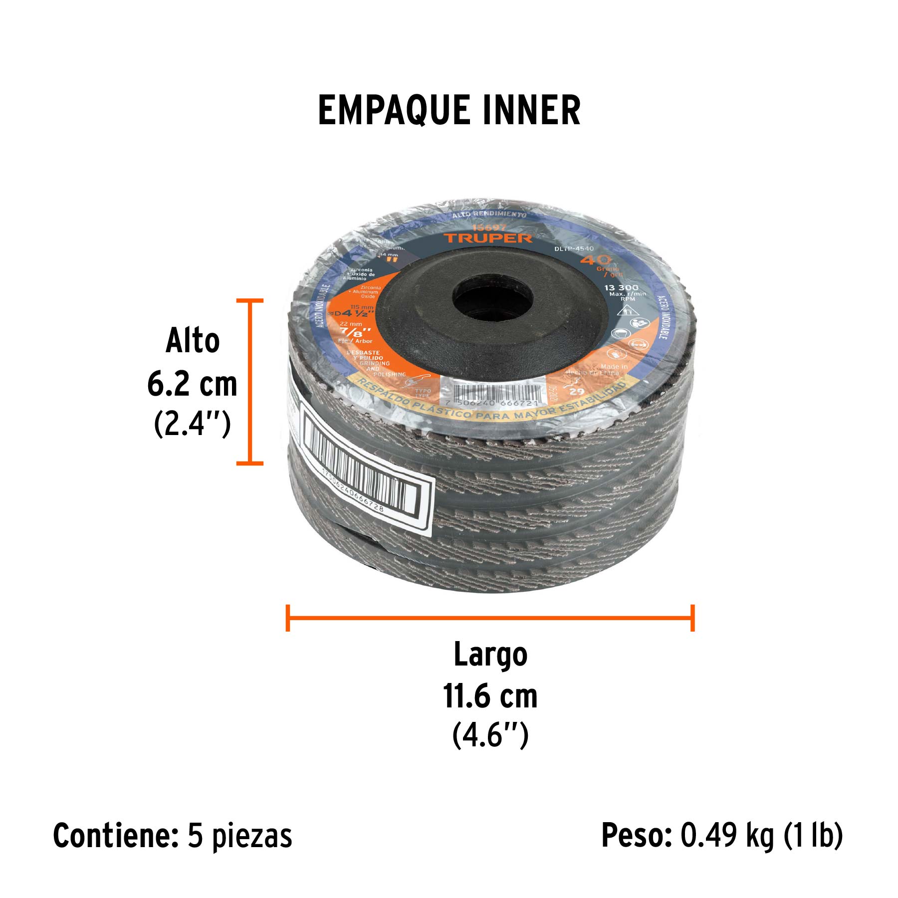 Disco laminado 4-1/2" grano 40 centro 7/8", plástico, TRUPER - Empaque