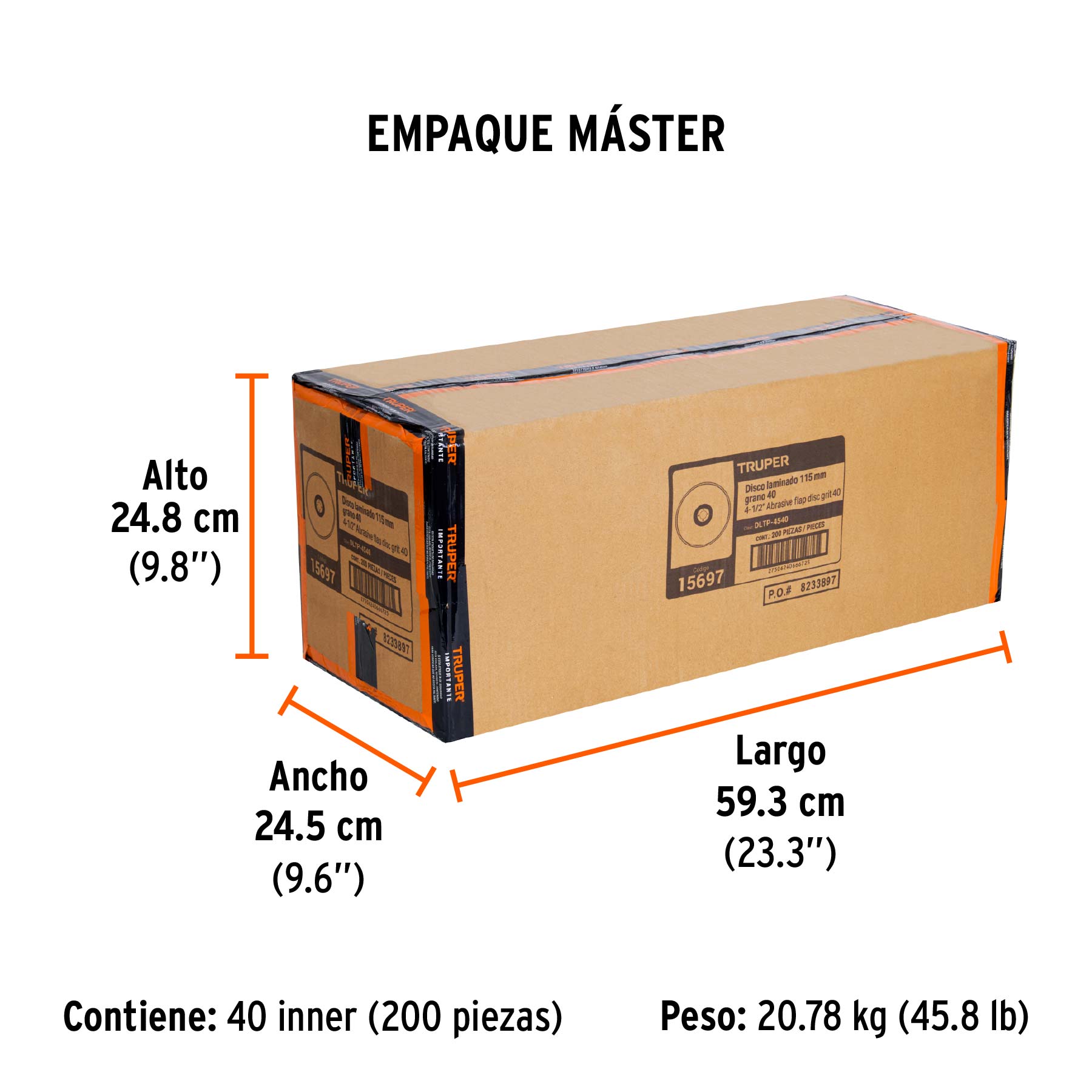 Disco laminado 4-1/2" grano 40 centro 7/8", plástico, TRUPER - Empaque