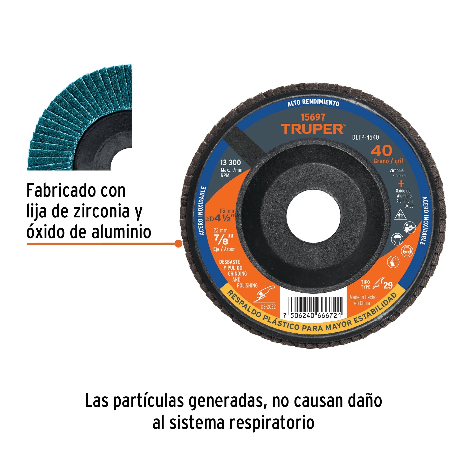 Disco laminado 4-1/2" grano 40 centro 7/8", plástico, TRUPER