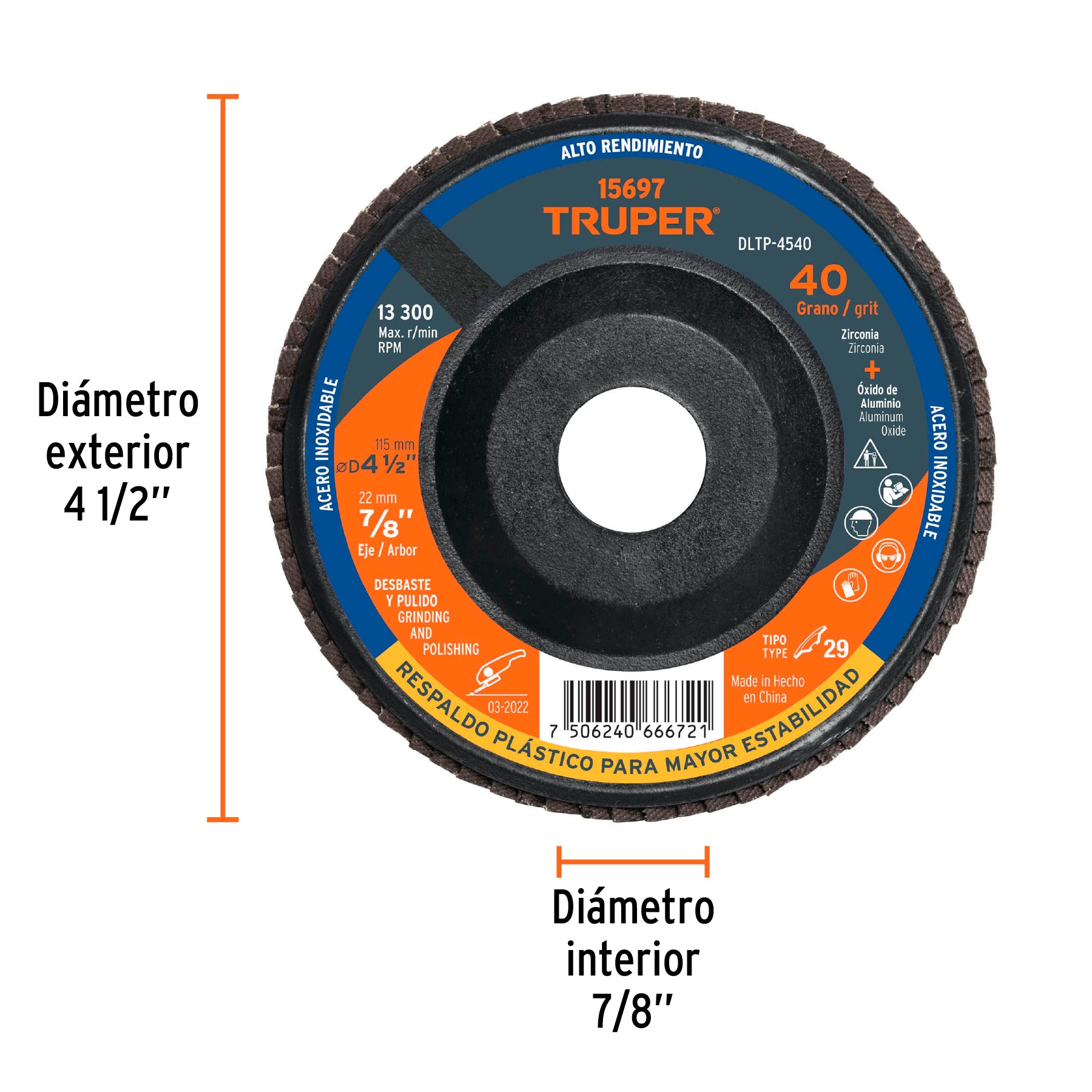 Disco laminado 4-1/2" grano 40 centro 7/8", plástico, TRUPER