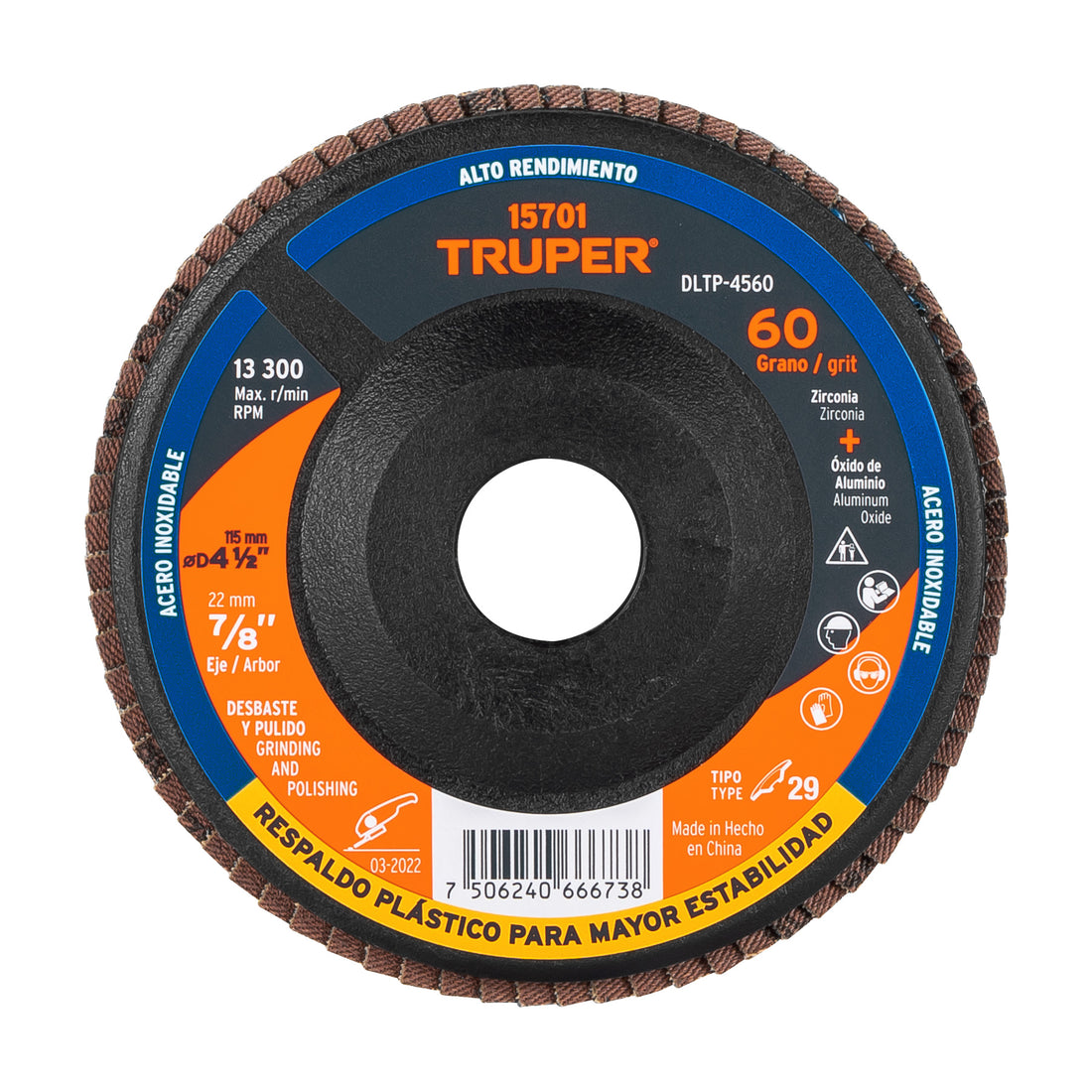 Disco laminado 4-1/2" grano 60 centro 7/8", plástico, TRUPER