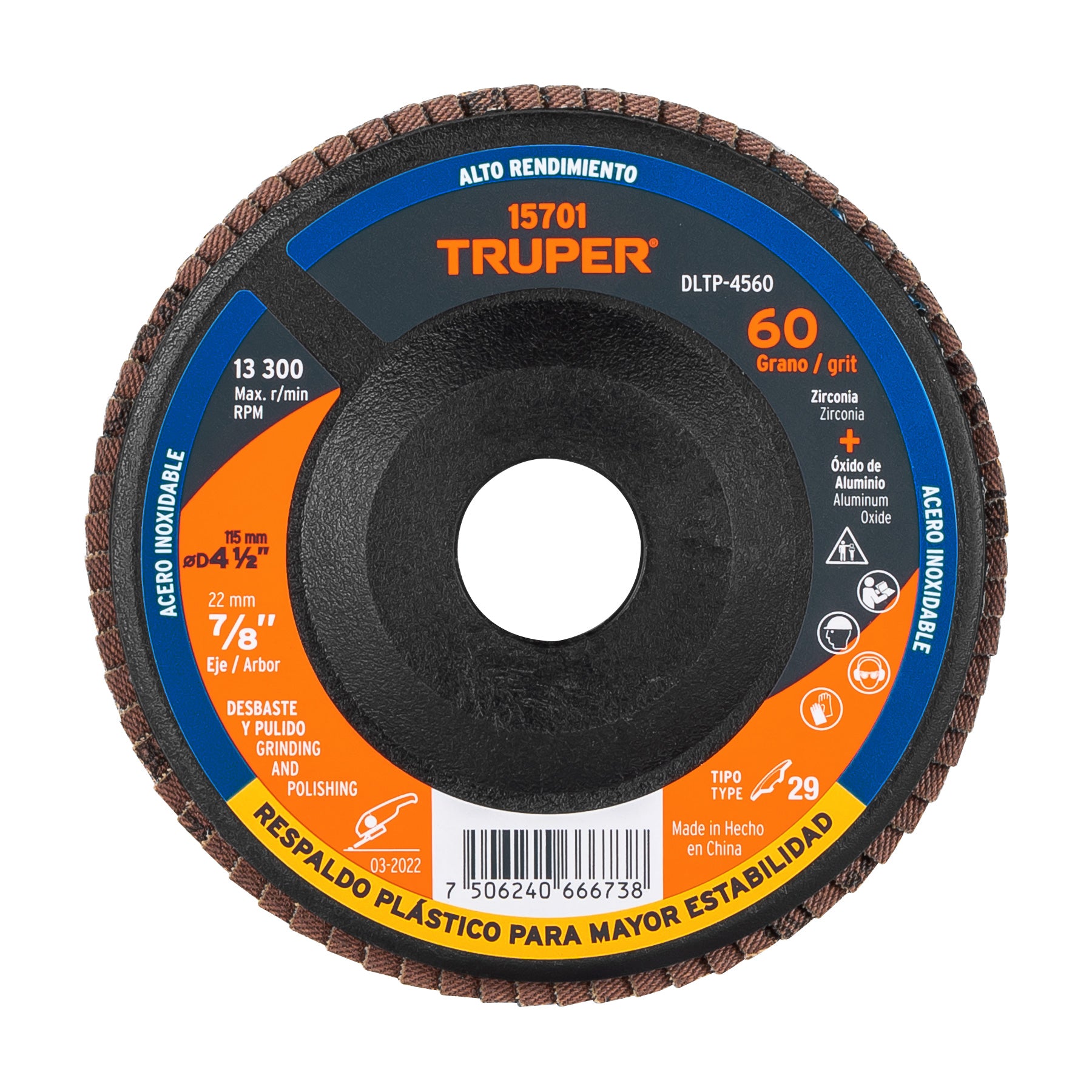 Disco laminado 4-1/2" grano 60 centro 7/8", plástico, TRUPER