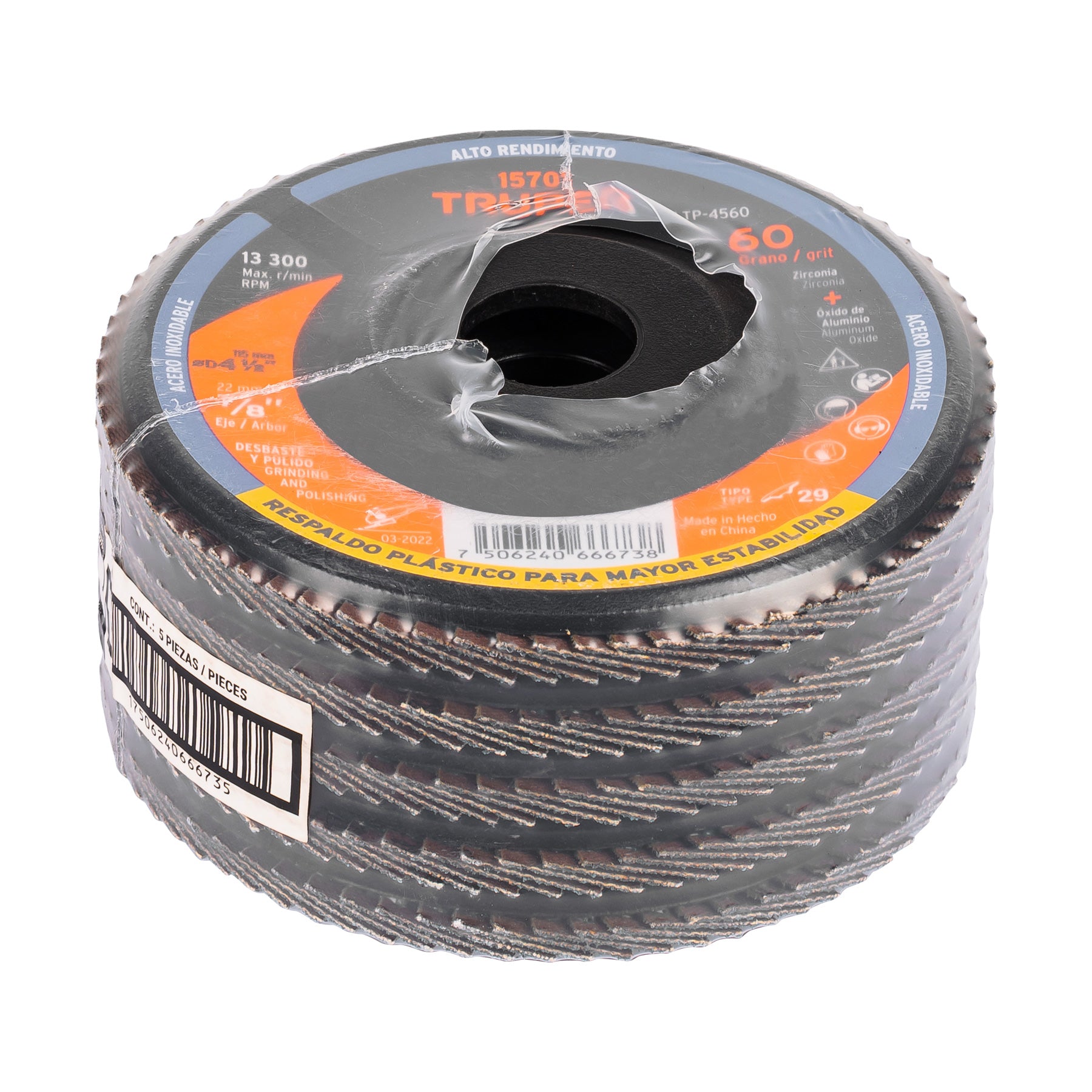 Disco laminado 4-1/2" grano 60 centro 7/8", plástico, TRUPER