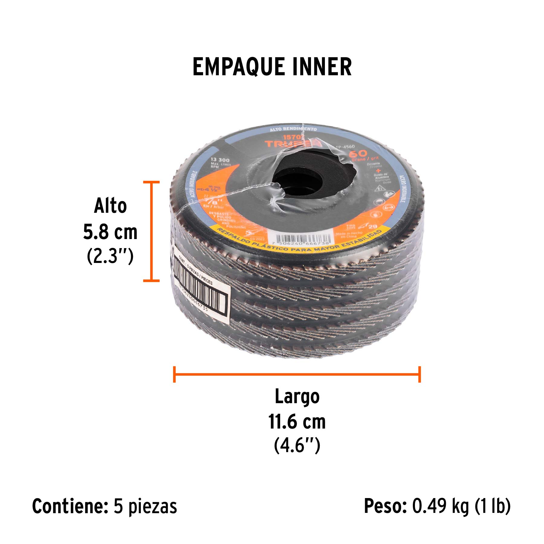 Disco laminado 4-1/2" grano 60 centro 7/8", plástico, TRUPER - Empaque
